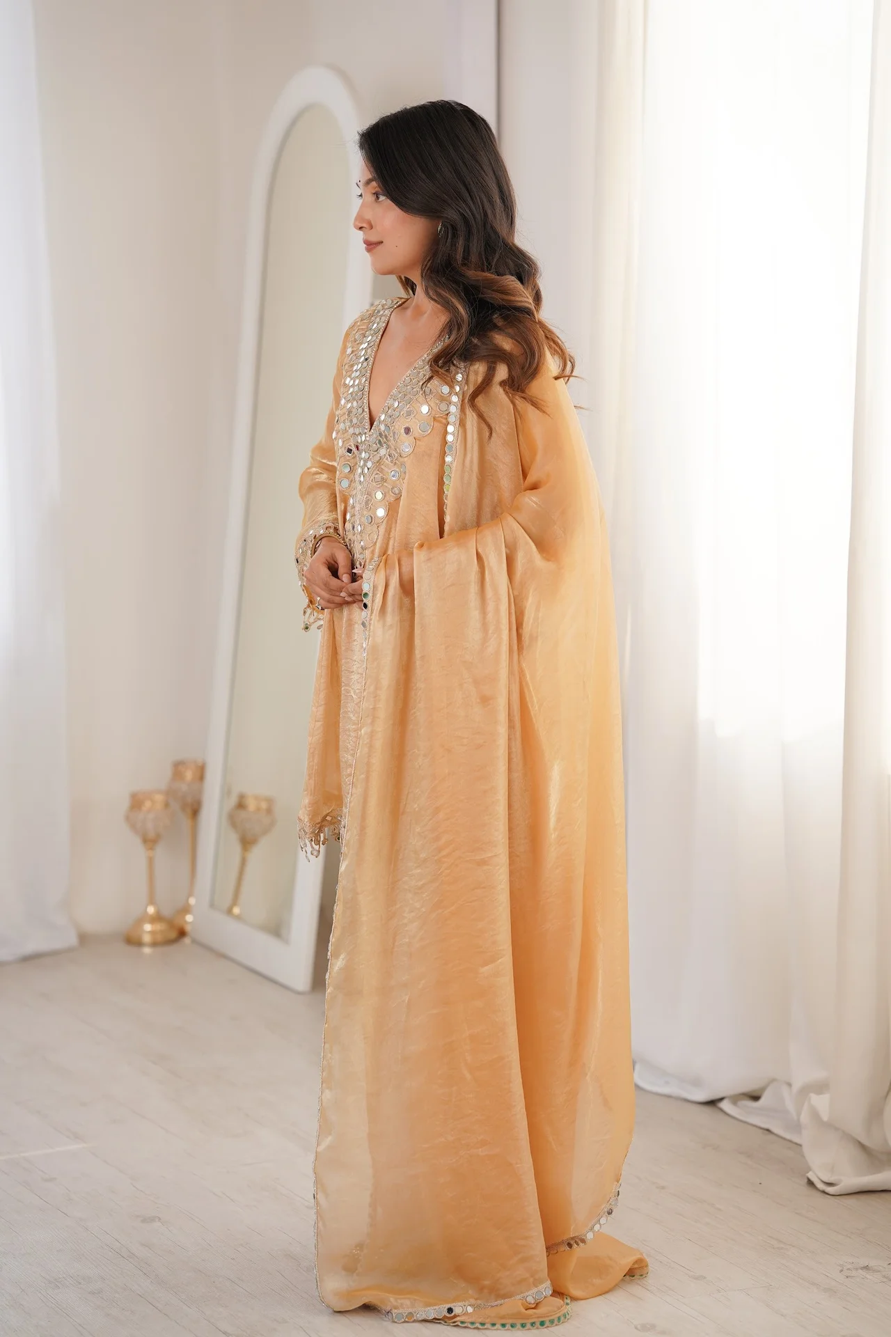 Women's Fendy Fabric Kurta Set with Pant and Dupatta in Beige — photo 8 of 10