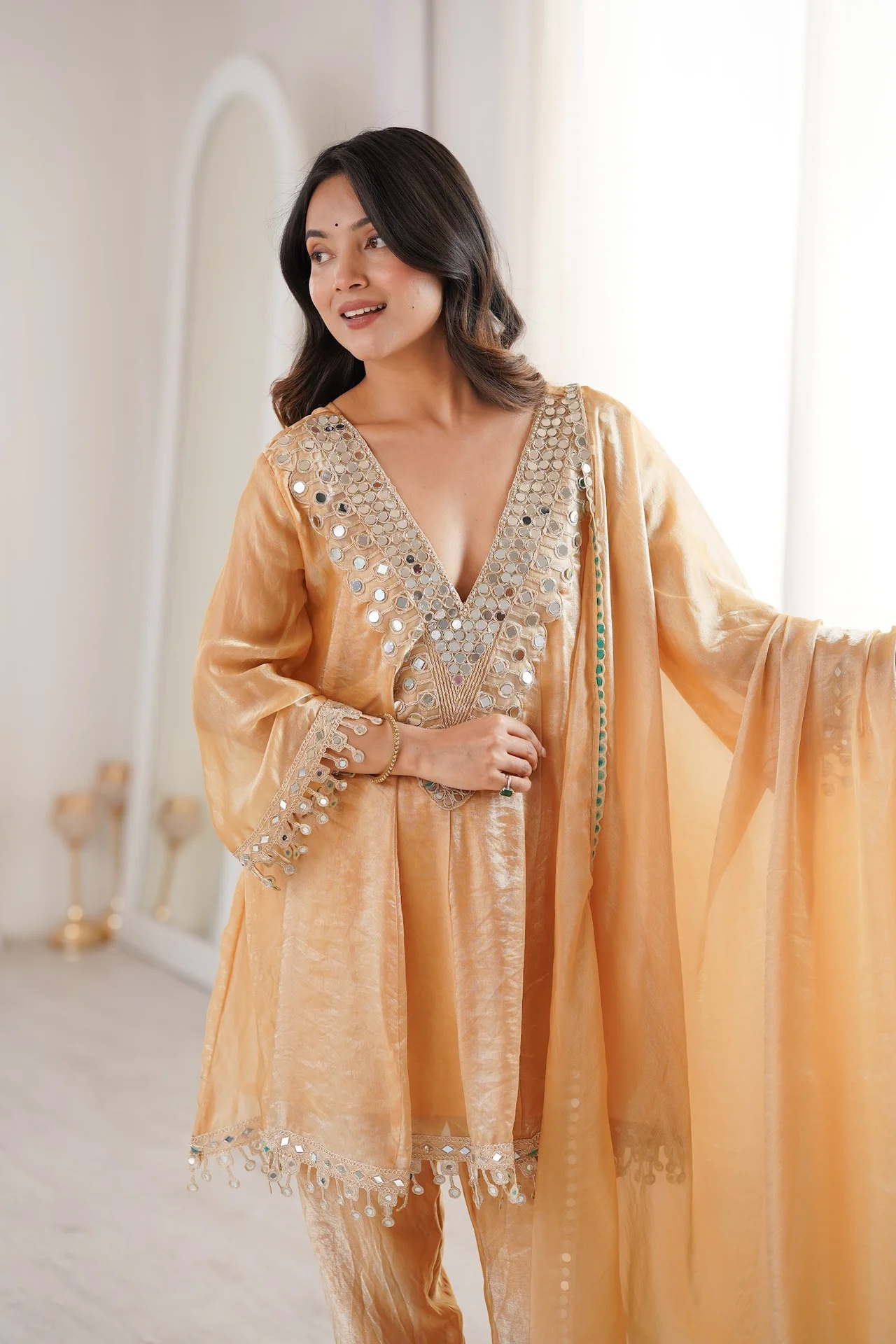 Women's Fendy Fabric Kurta Set with Pant and Dupatta in Beige — photo 9 of 10