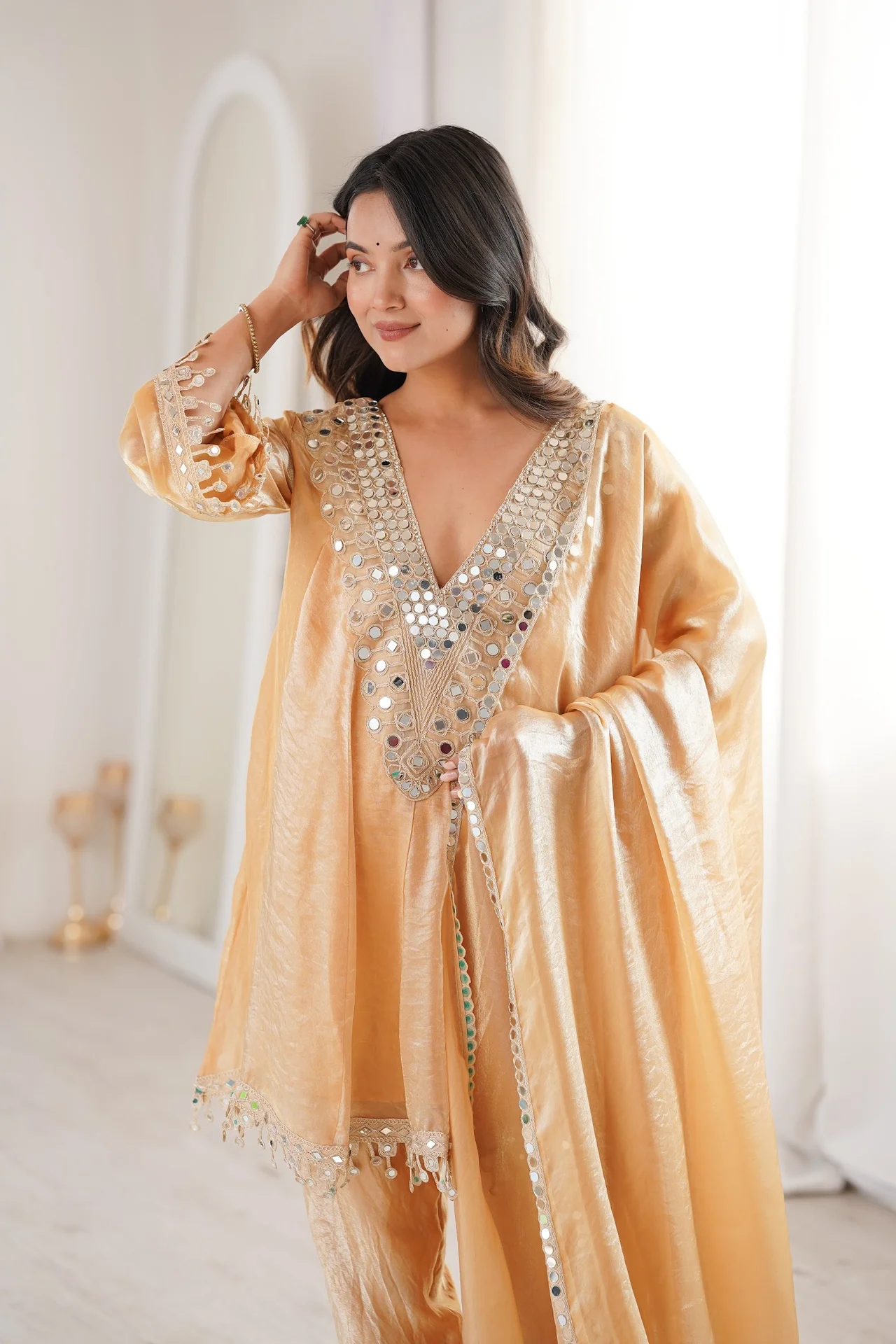 Women's Fendy Fabric Kurta Set with Pant and Dupatta in Beige — photo 10 of 10
