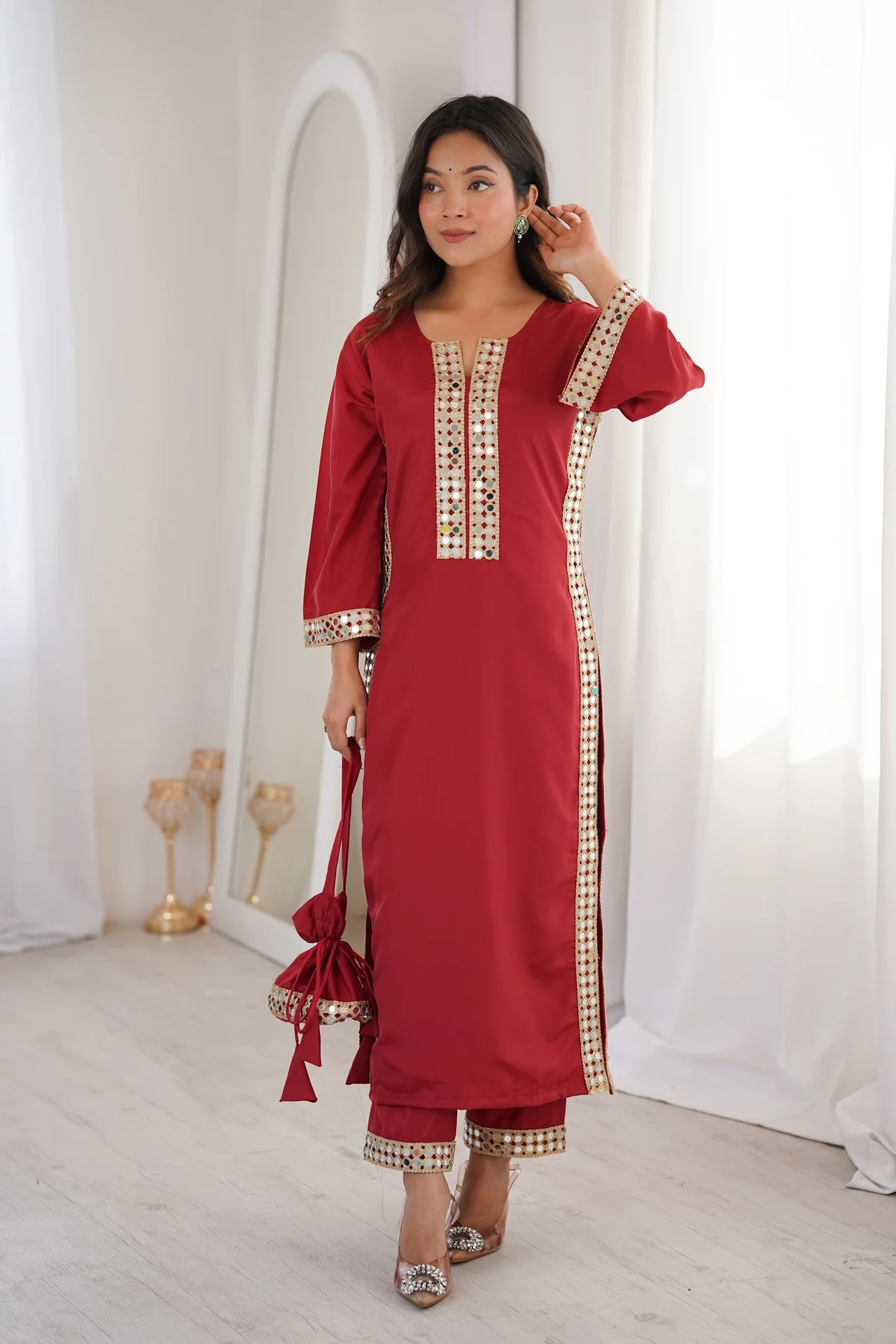 Women's Crepe Kurta Set with Pant and Potli in Maroon — photo 2 of 6