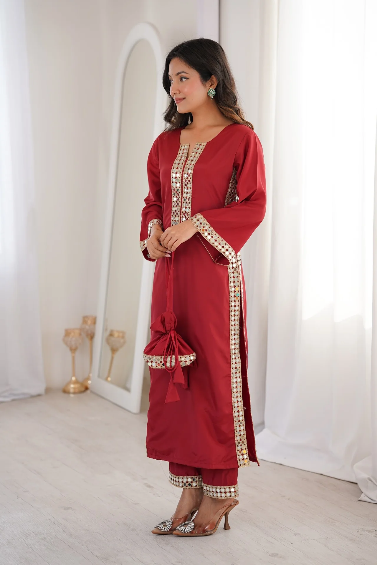 Women's Crepe Kurta Set with Pant and Potli in Maroon — photo 3 of 6