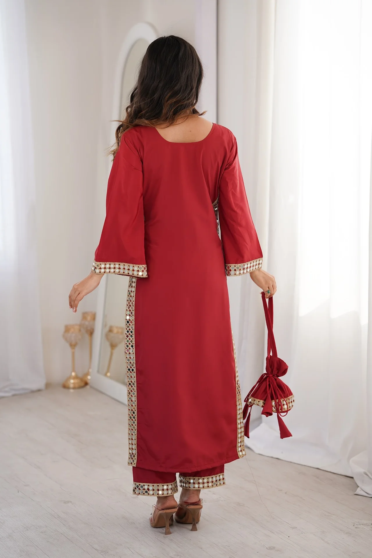 Women's Crepe Kurta Set with Pant and Potli in Maroon — photo 4 of 6