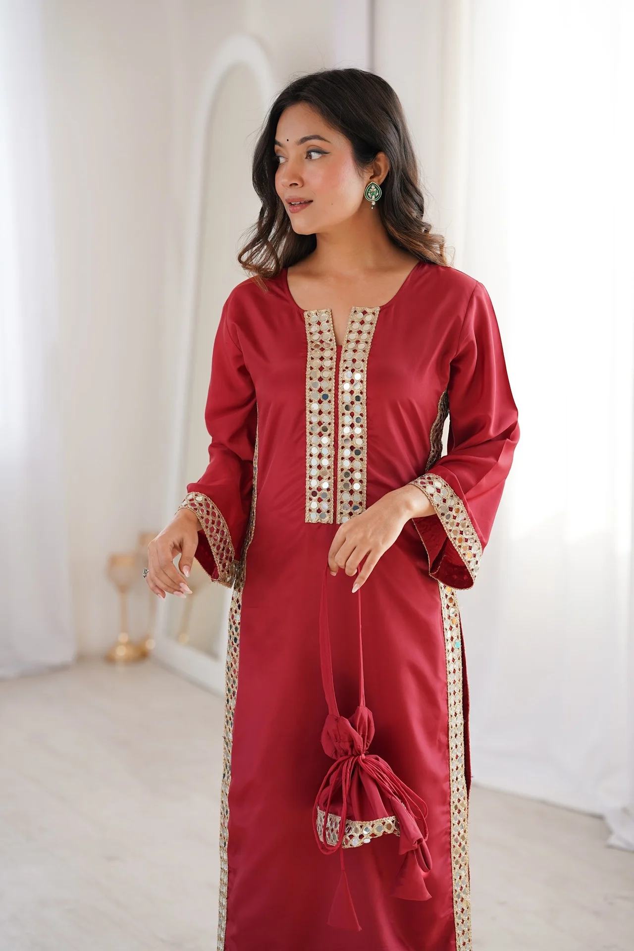 Women's Crepe Kurta Set with Pant and Potli in Maroon — photo 5 of 6