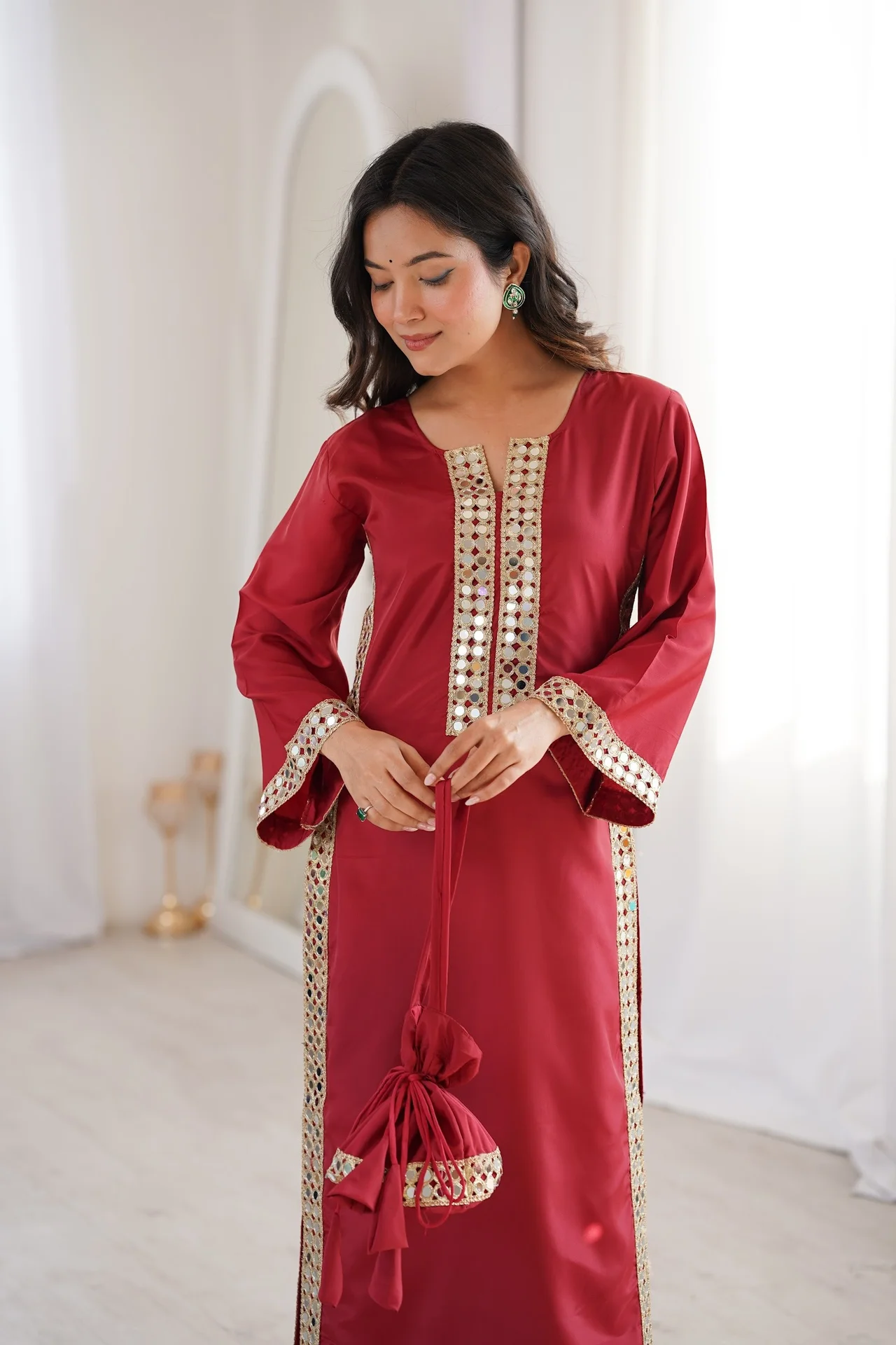 Women's Crepe Kurta Set with Pant and Potli in Maroon — photo 6 of 6