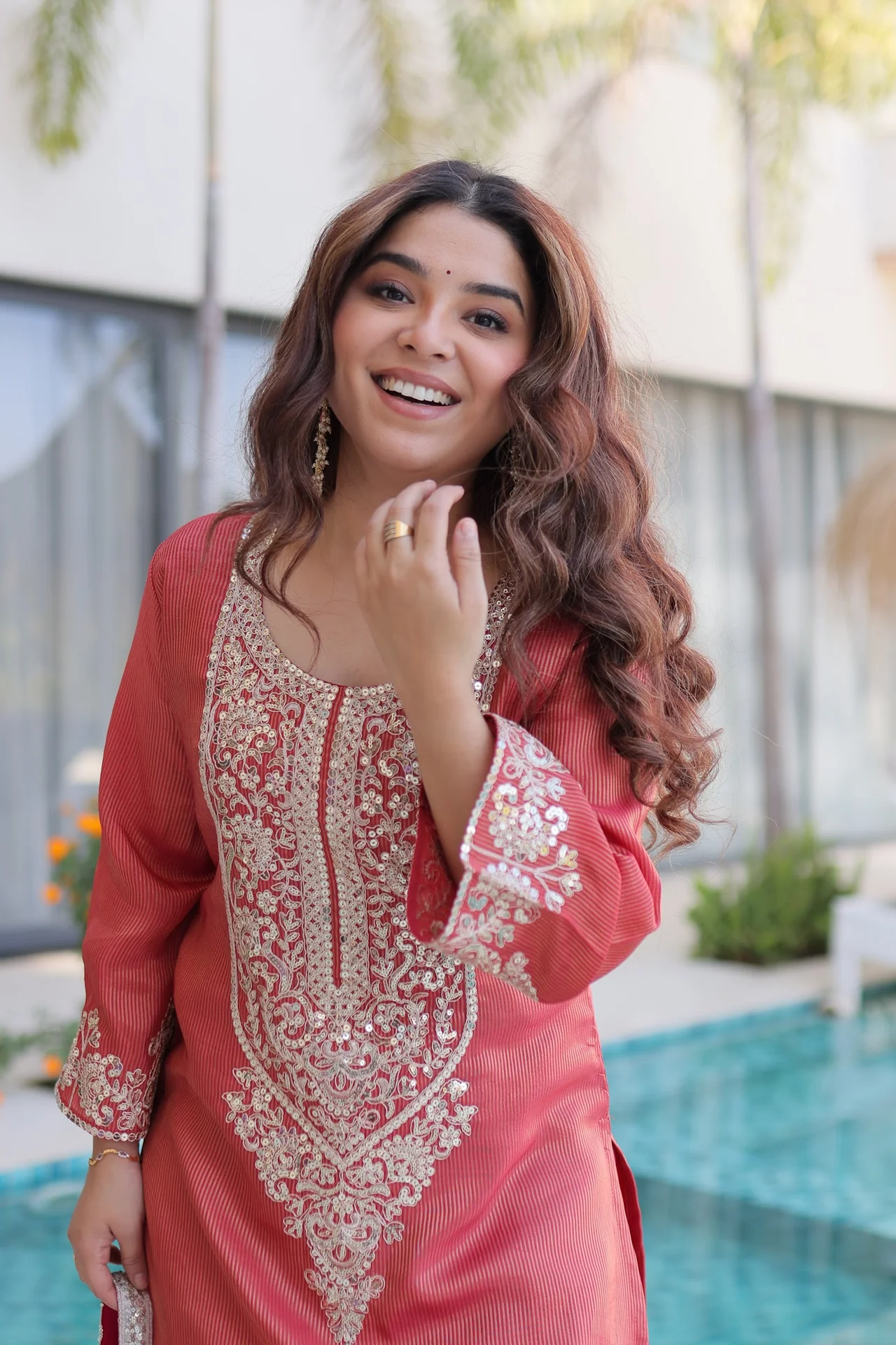 Women's Viscose Kurta Set with Pant and Batwa in Coral — photo 3 of 7