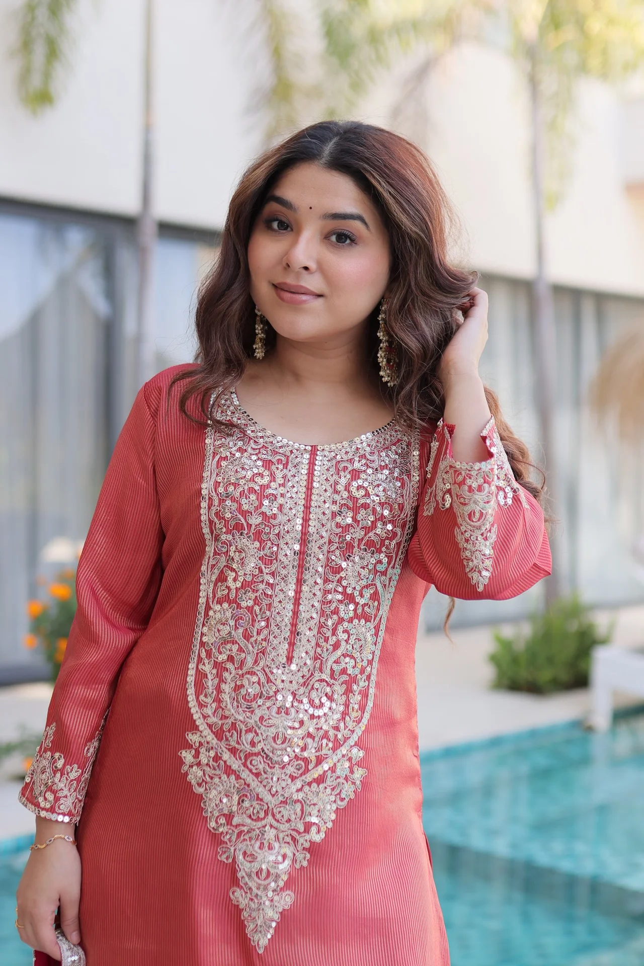 Women's Viscose Kurta Set with Pant and Batwa in Coral — photo 4 of 7