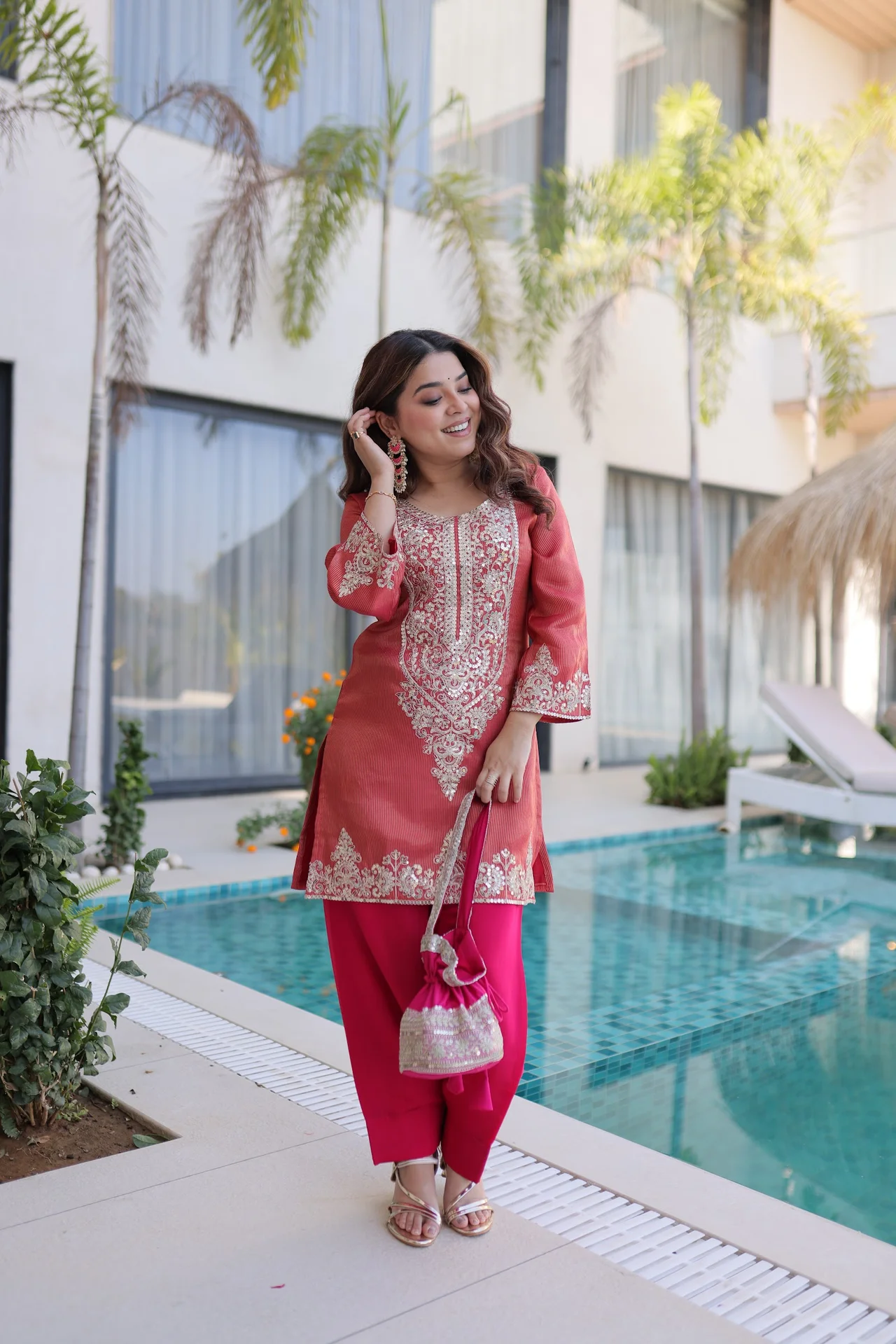 Women's Viscose Kurta Set with Pant and Batwa in Coral — photo 5 of 7