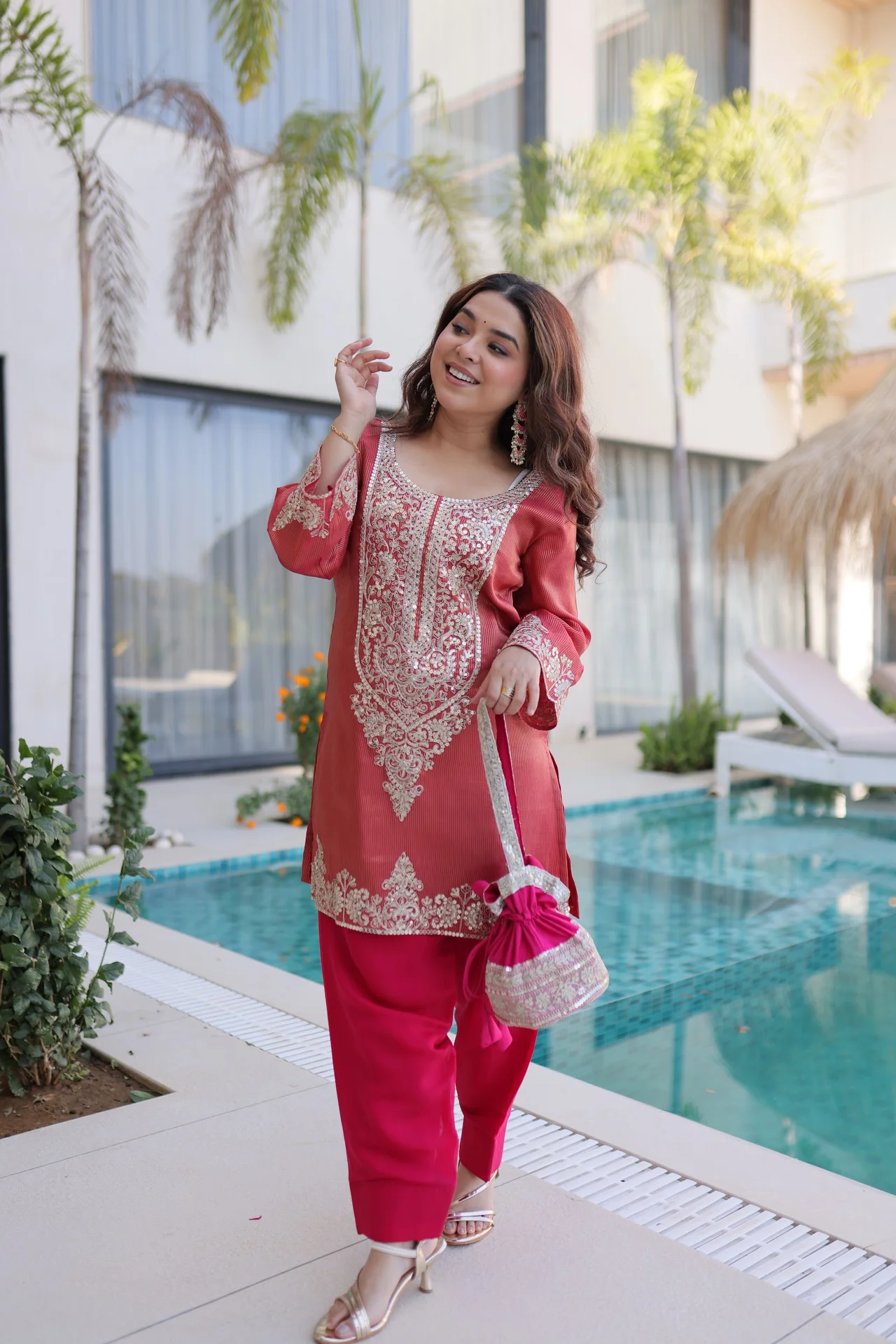 Women's Viscose Kurta Set with Pant and Batwa in Coral — photo 7 of 7
