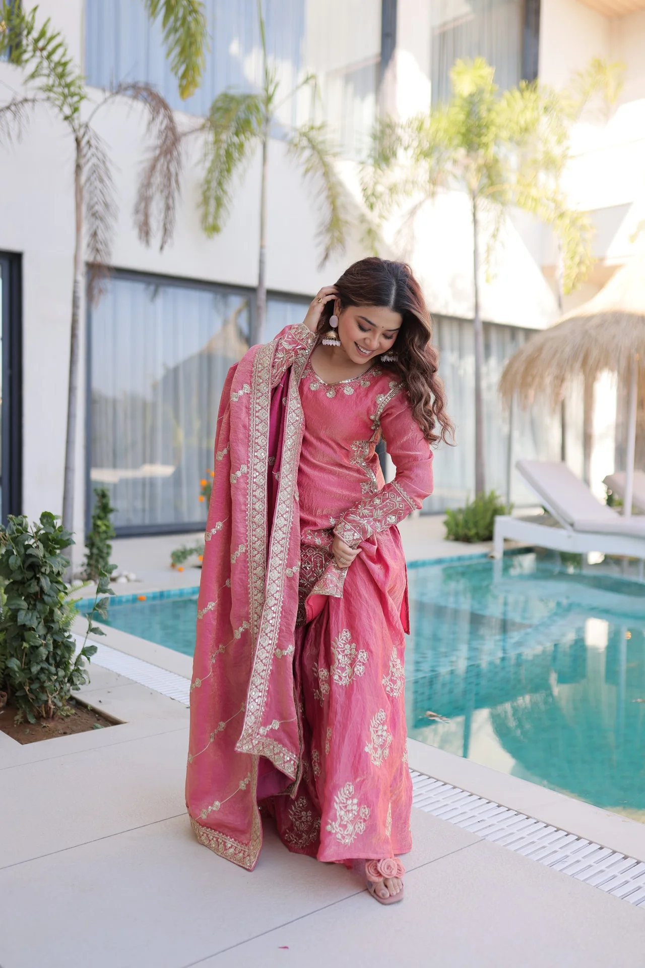 Women's Fendi Crush Sharara Set with Kurti, Sharara & Dupatta in Pink — photo 2 of 9
