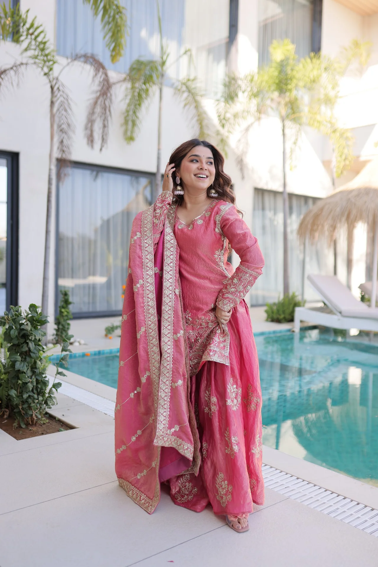 Women's Fendi Crush Sharara Set with Kurti, Sharara & Dupatta in Pink — photo 3 of 9