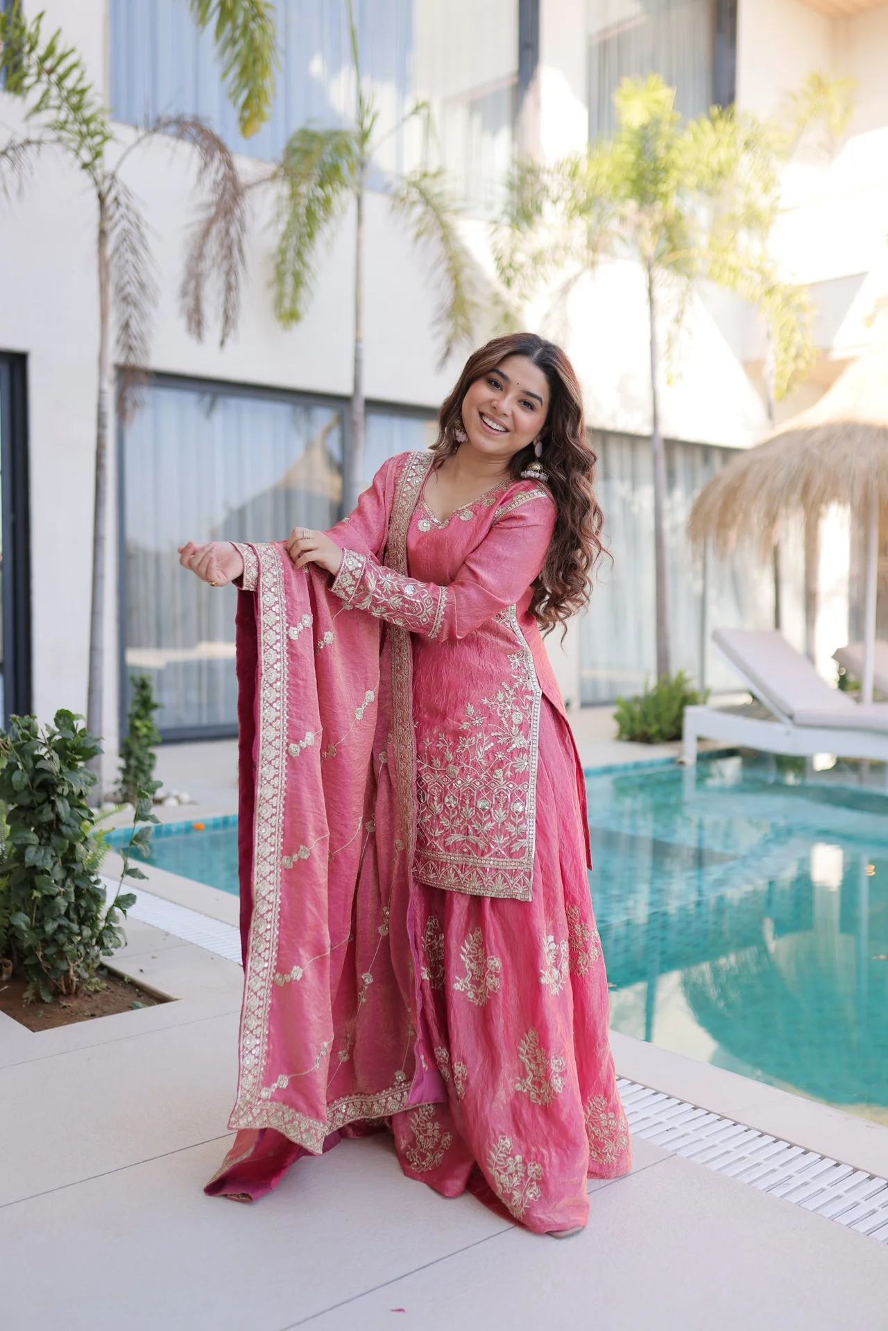 Women's Fendi Crush Sharara Set with Kurti, Sharara & Dupatta in Pink — photo 4 of 9