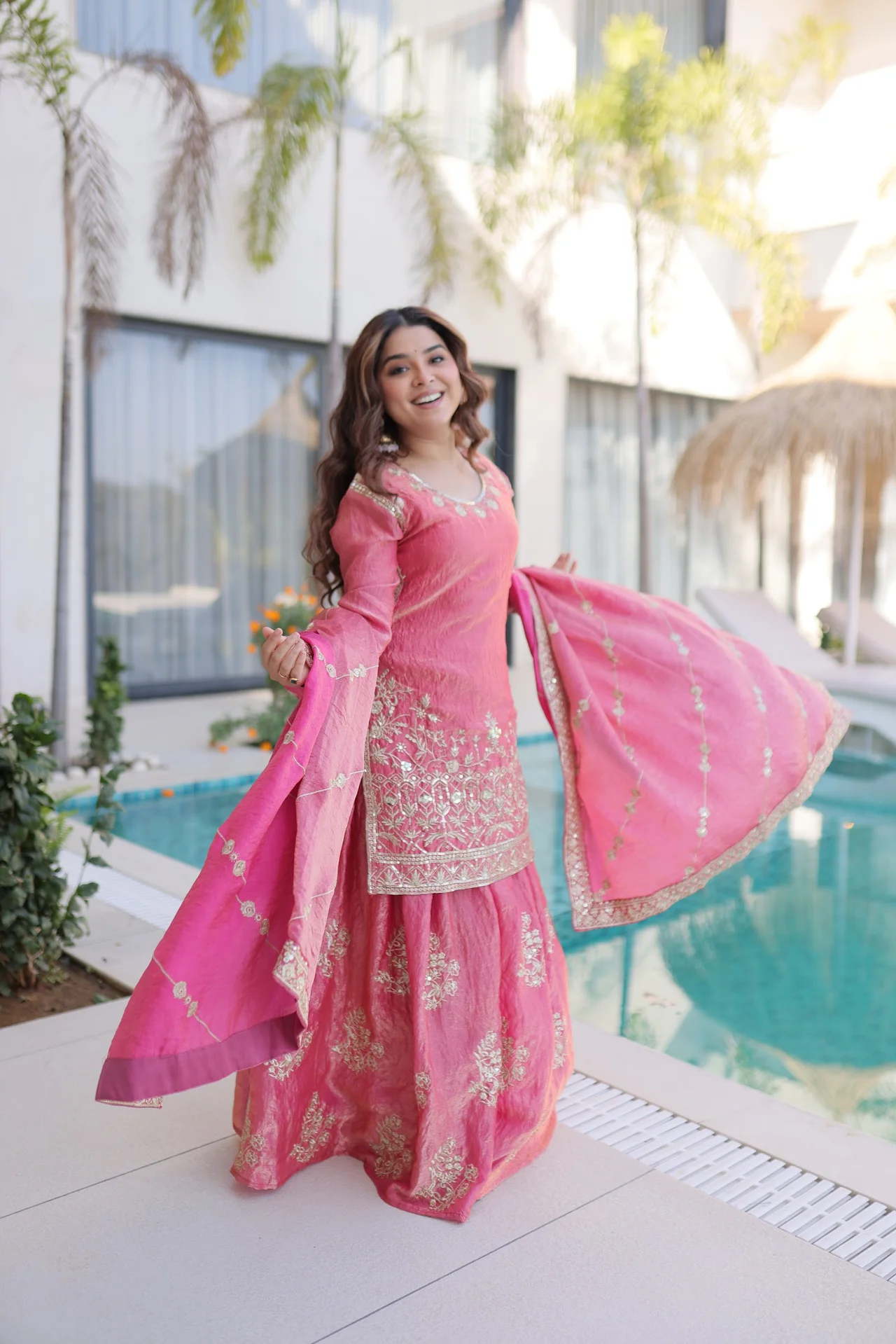 Women's Fendi Crush Sharara Set with Kurti, Sharara & Dupatta in Pink — photo 5 of 9