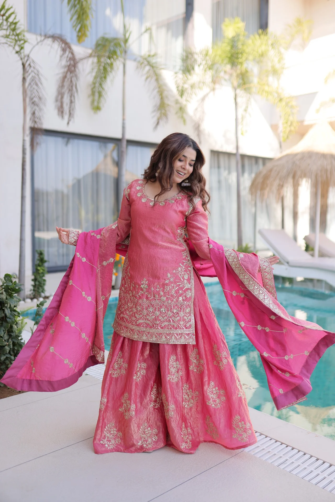 Women's Fendi Crush Sharara Set with Kurti, Sharara & Dupatta in Pink — photo 6 of 9