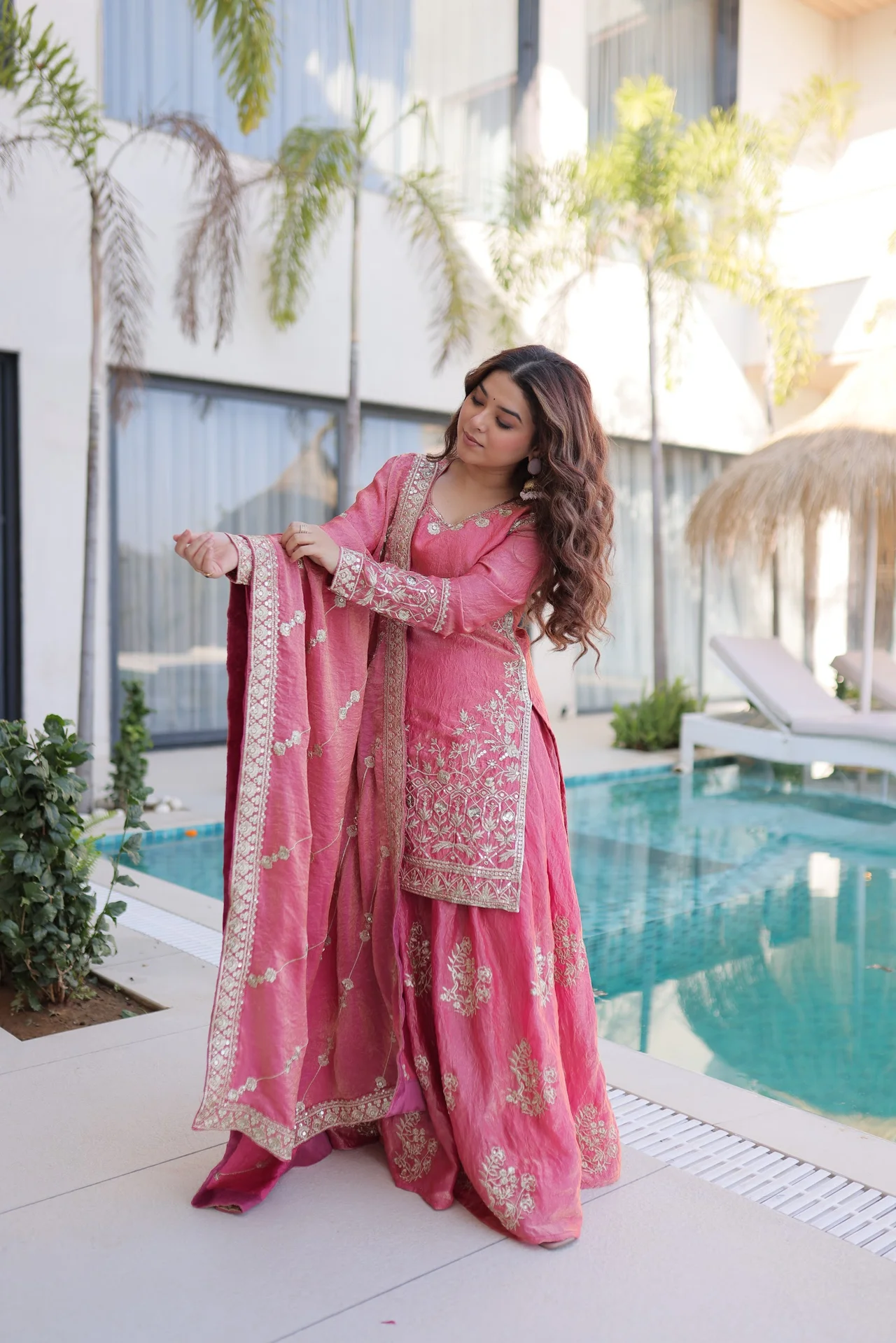 Women's Fendi Crush Sharara Set with Kurti, Sharara & Dupatta in Pink — photo 7 of 9