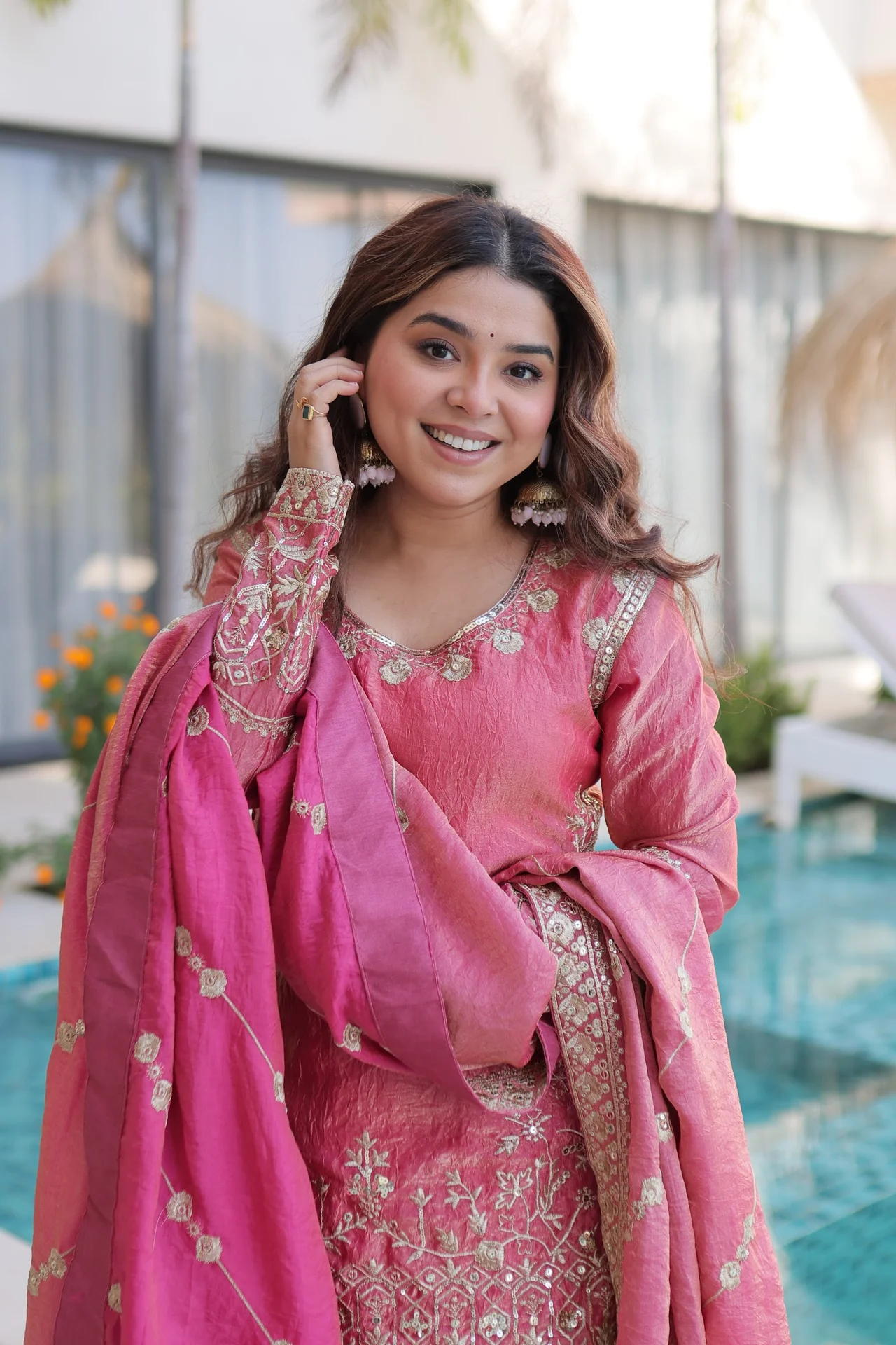 Women's Fendi Crush Sharara Set with Kurti, Sharara & Dupatta in Pink — photo 8 of 9