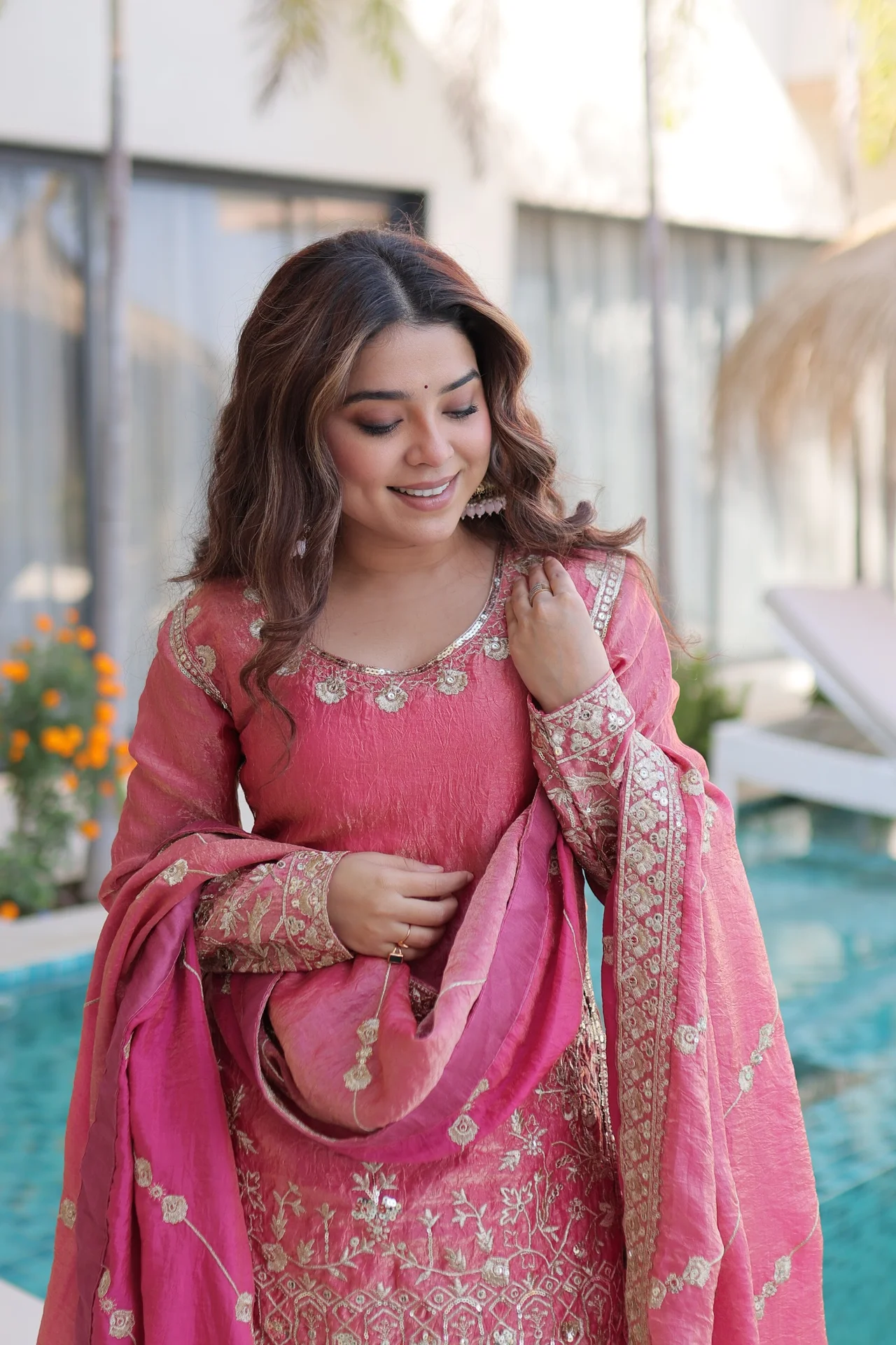 Women's Fendi Crush Sharara Set with Kurti, Sharara & Dupatta in Pink — photo 9 of 9