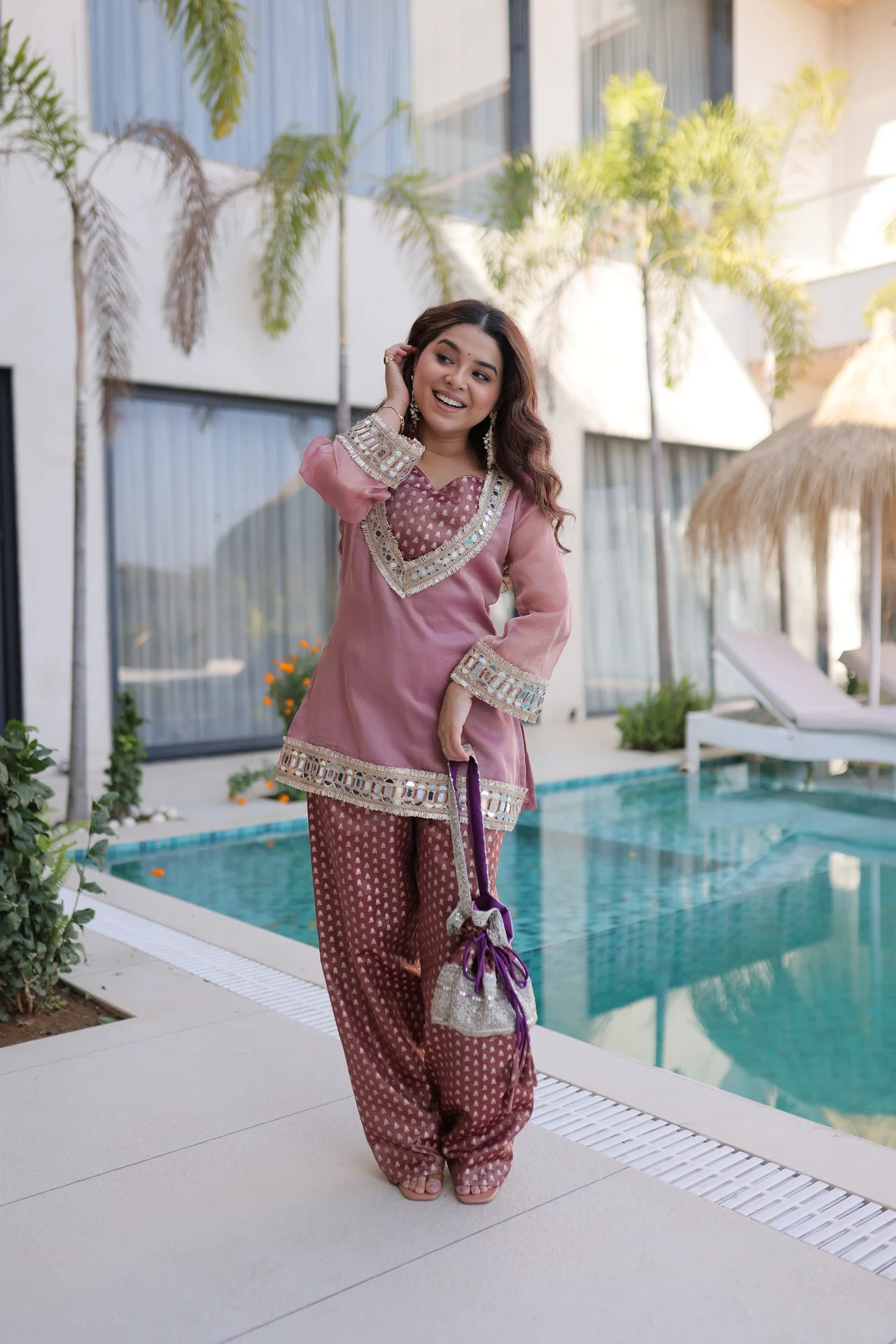 Women's Salasa Fabric Kurta Set with Pant and Batwa in Onion Pink — photo 8 of 8