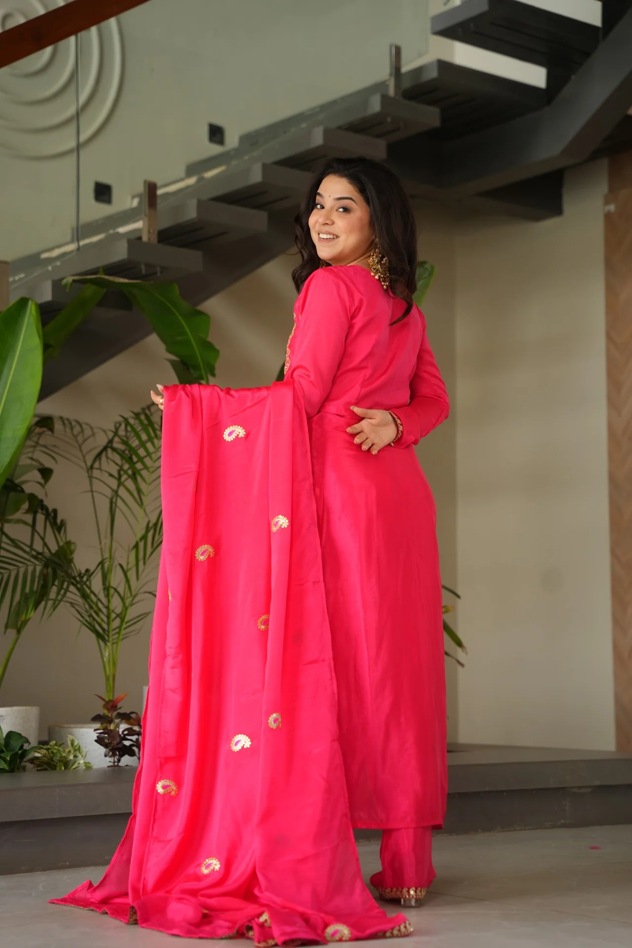 Women's Chinnon Silk Kurta Set with Pant and Dupatta in Rani Pink — photo 6 of 7