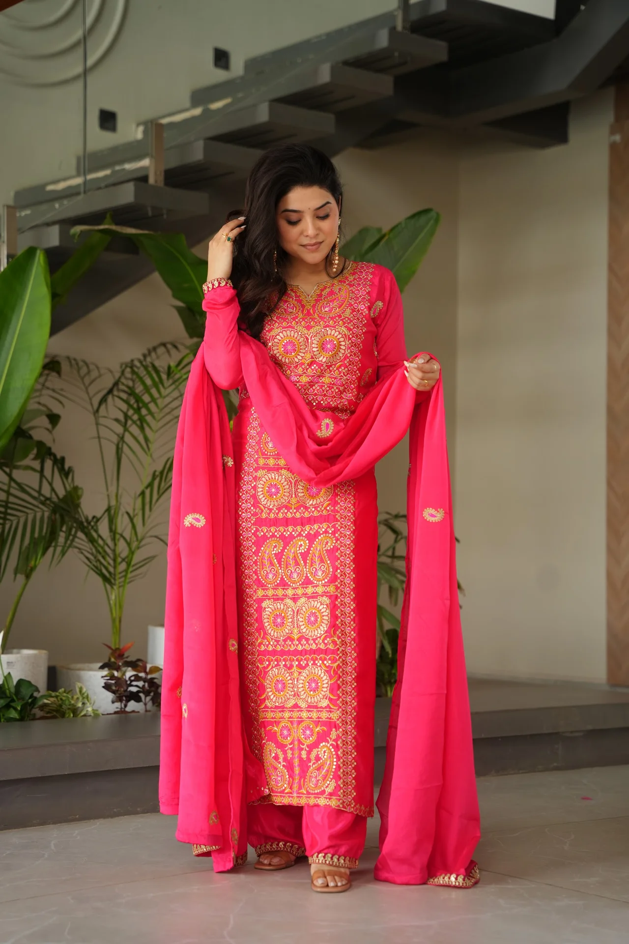 Women's Chinnon Silk Kurta Set with Pant and Dupatta in Rani Pink — photo 7 of 7
