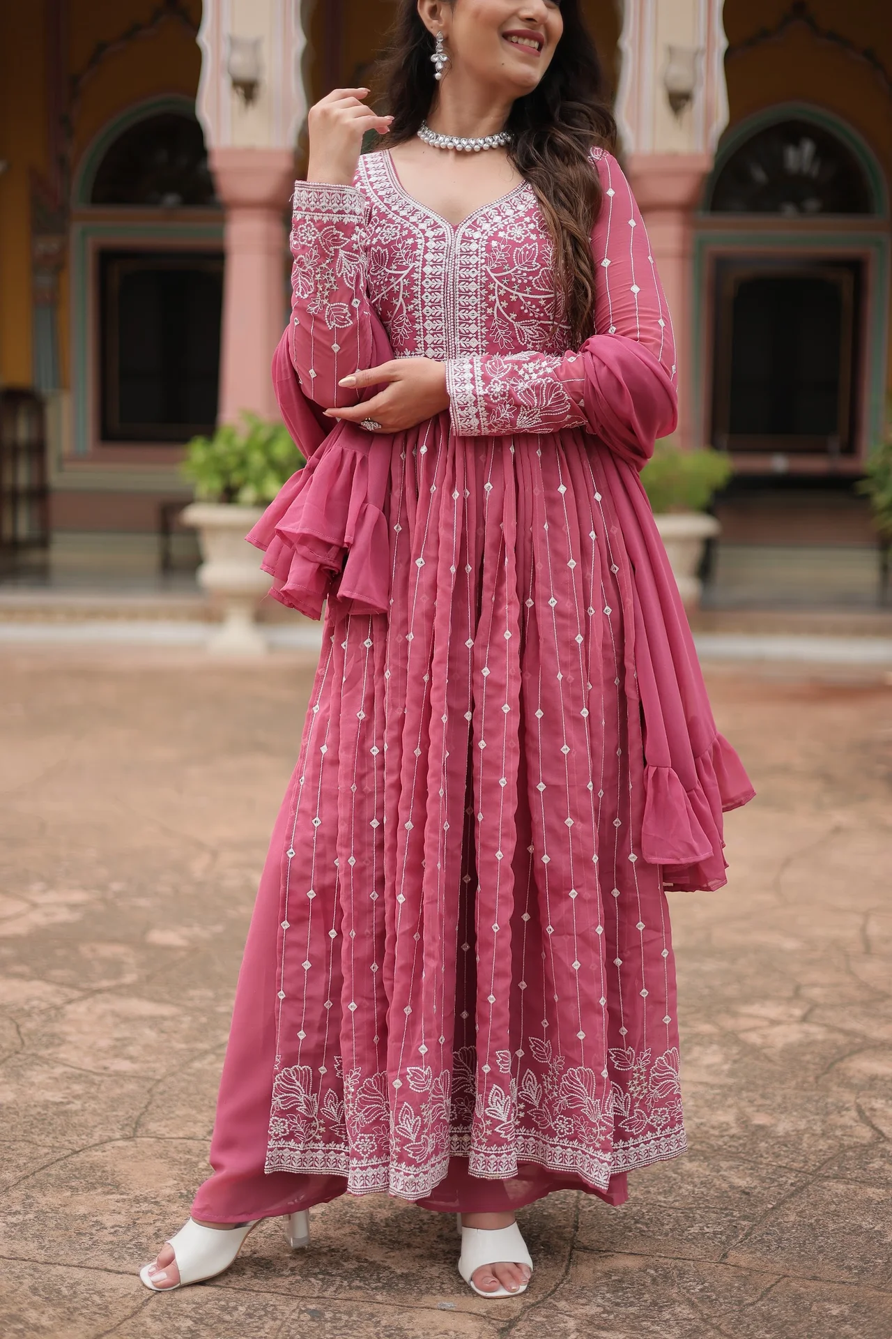 Women's Faux Georgette Kurta Set with Palazzo and Dupatta in Pink — photo 3 of 7
