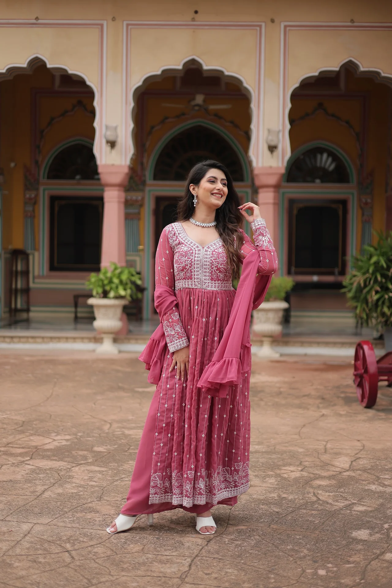 Women's Faux Georgette Kurta Set with Palazzo and Dupatta in Pink — photo 4 of 7
