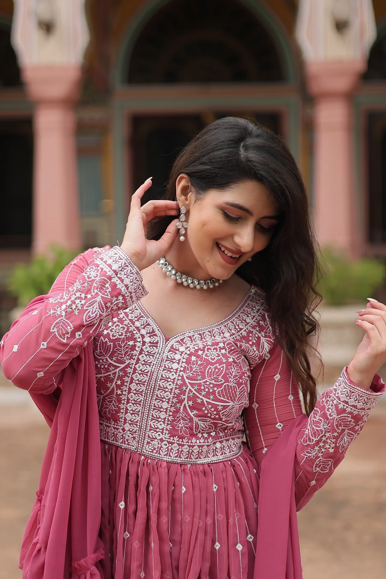 Women's Faux Georgette Kurta Set with Palazzo and Dupatta in Pink — photo 6 of 7