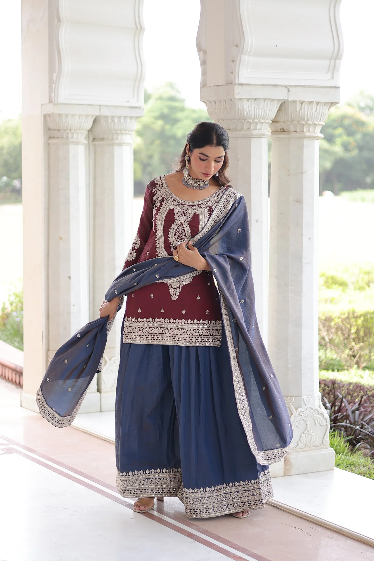 Women's NC Silk Kurta Set with Sharara and Dupatta in Maroon — photo 2 of 7