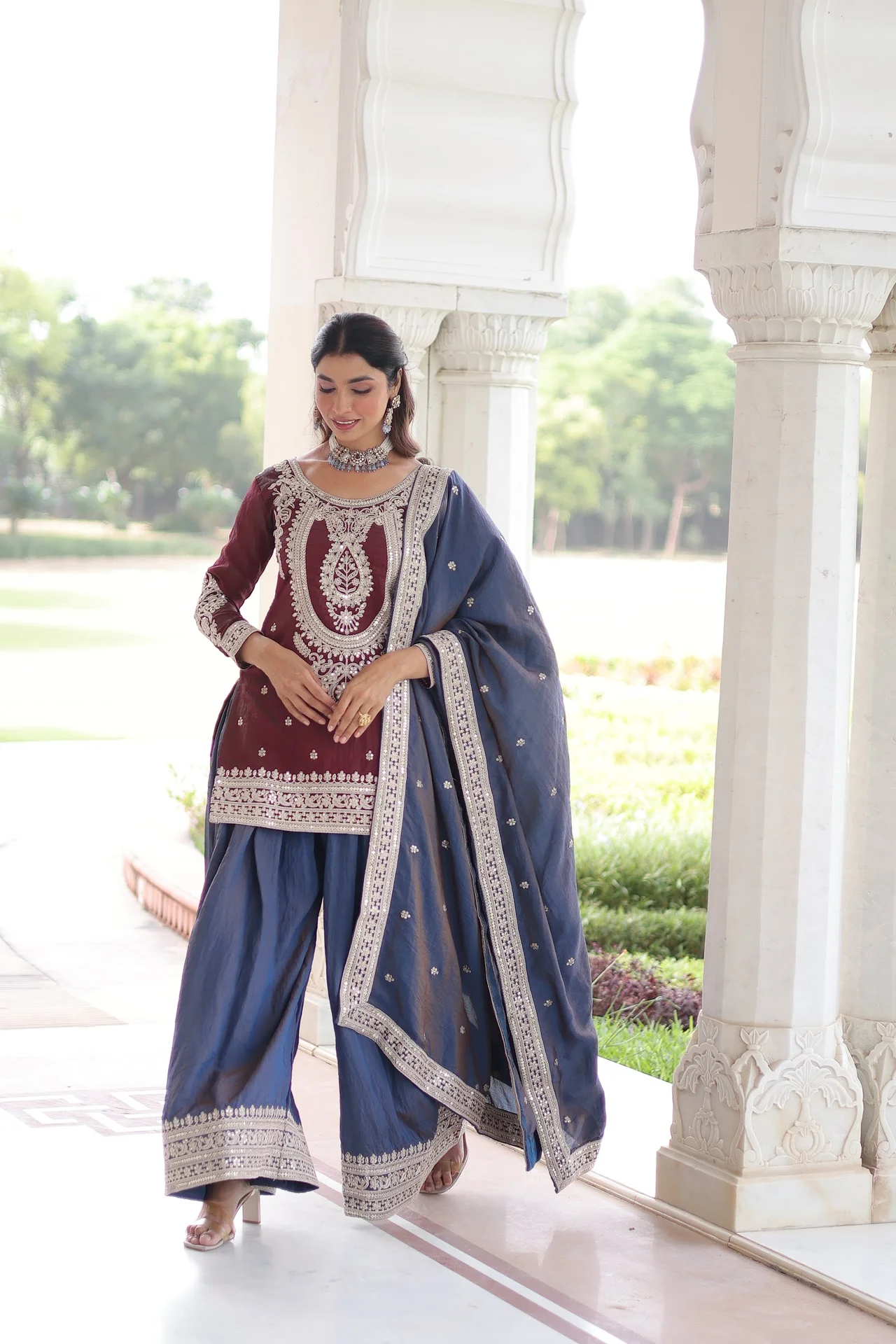 Women's NC Silk Kurta Set with Sharara and Dupatta in Maroon — photo 3 of 7
