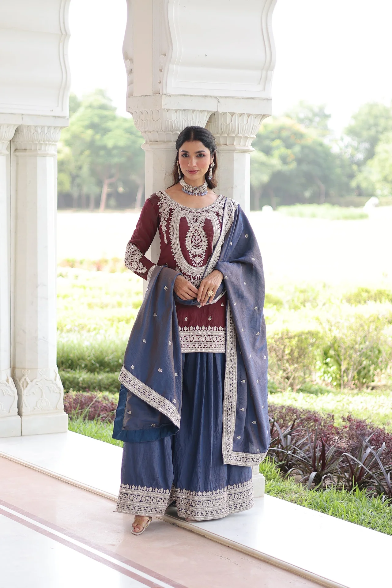 Women's NC Silk Kurta Set with Sharara and Dupatta in Maroon — photo 4 of 7