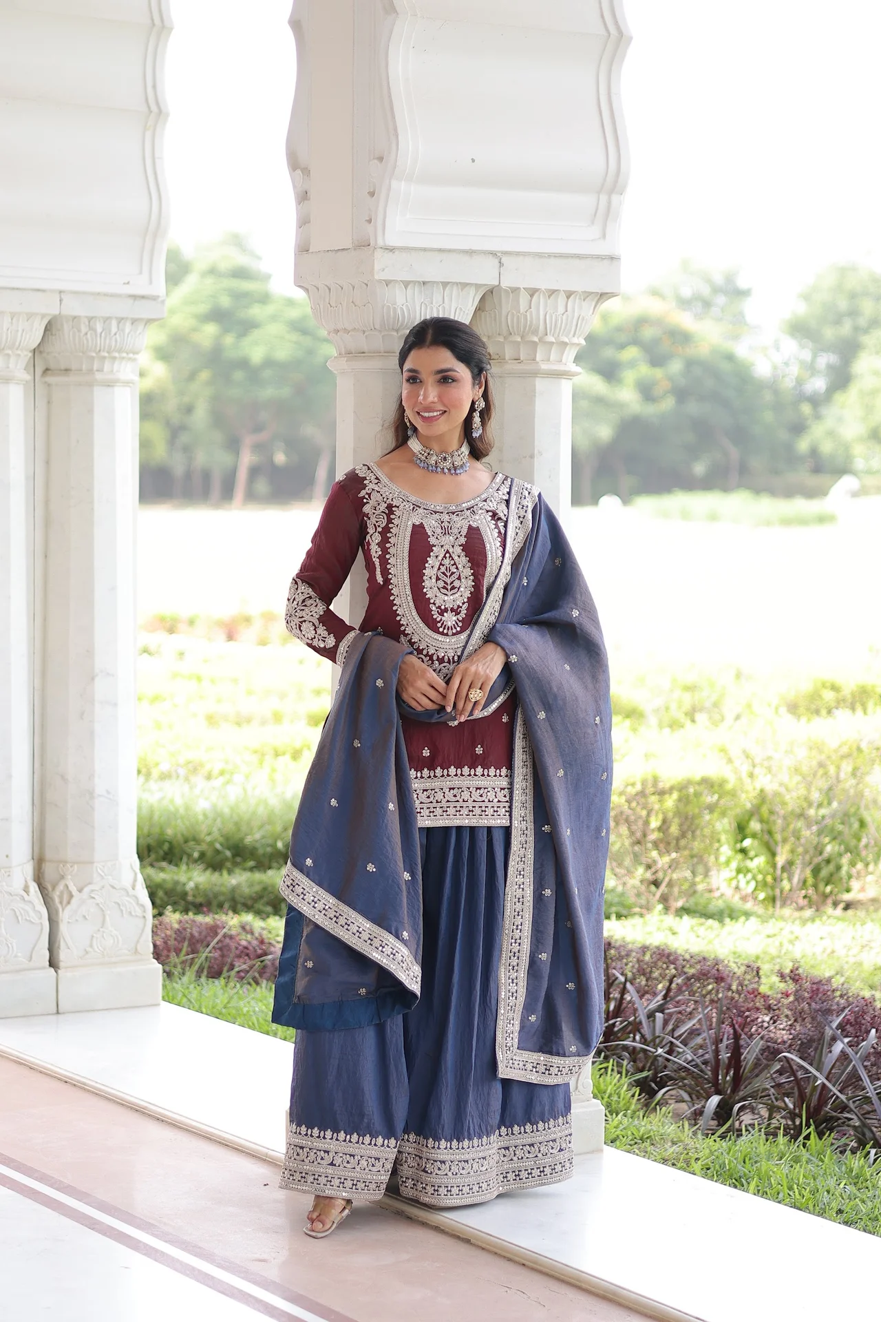 Women's NC Silk Kurta Set with Sharara and Dupatta in Maroon — photo 5 of 7