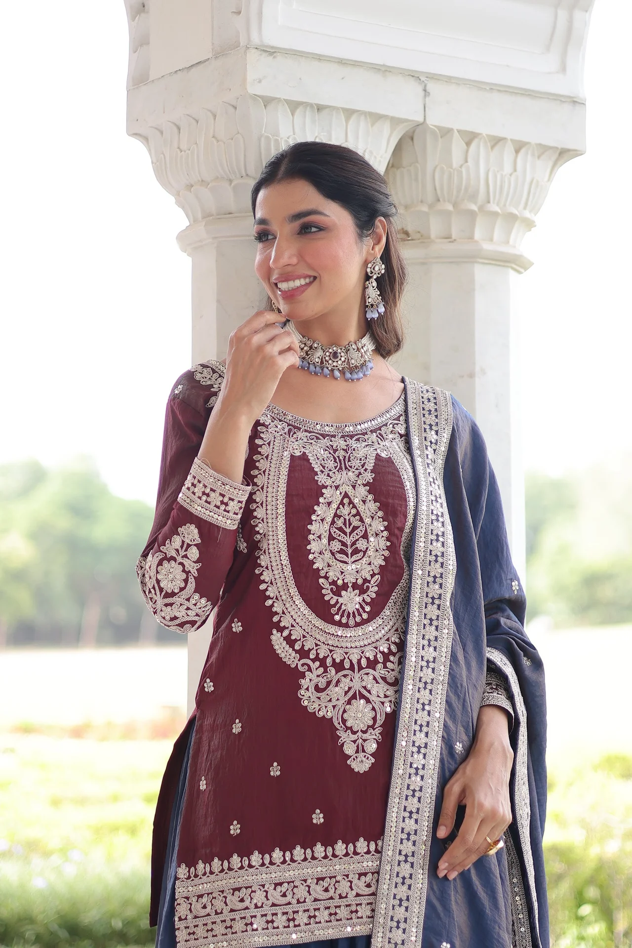 Women's NC Silk Kurta Set with Sharara and Dupatta in Maroon — photo 6 of 7