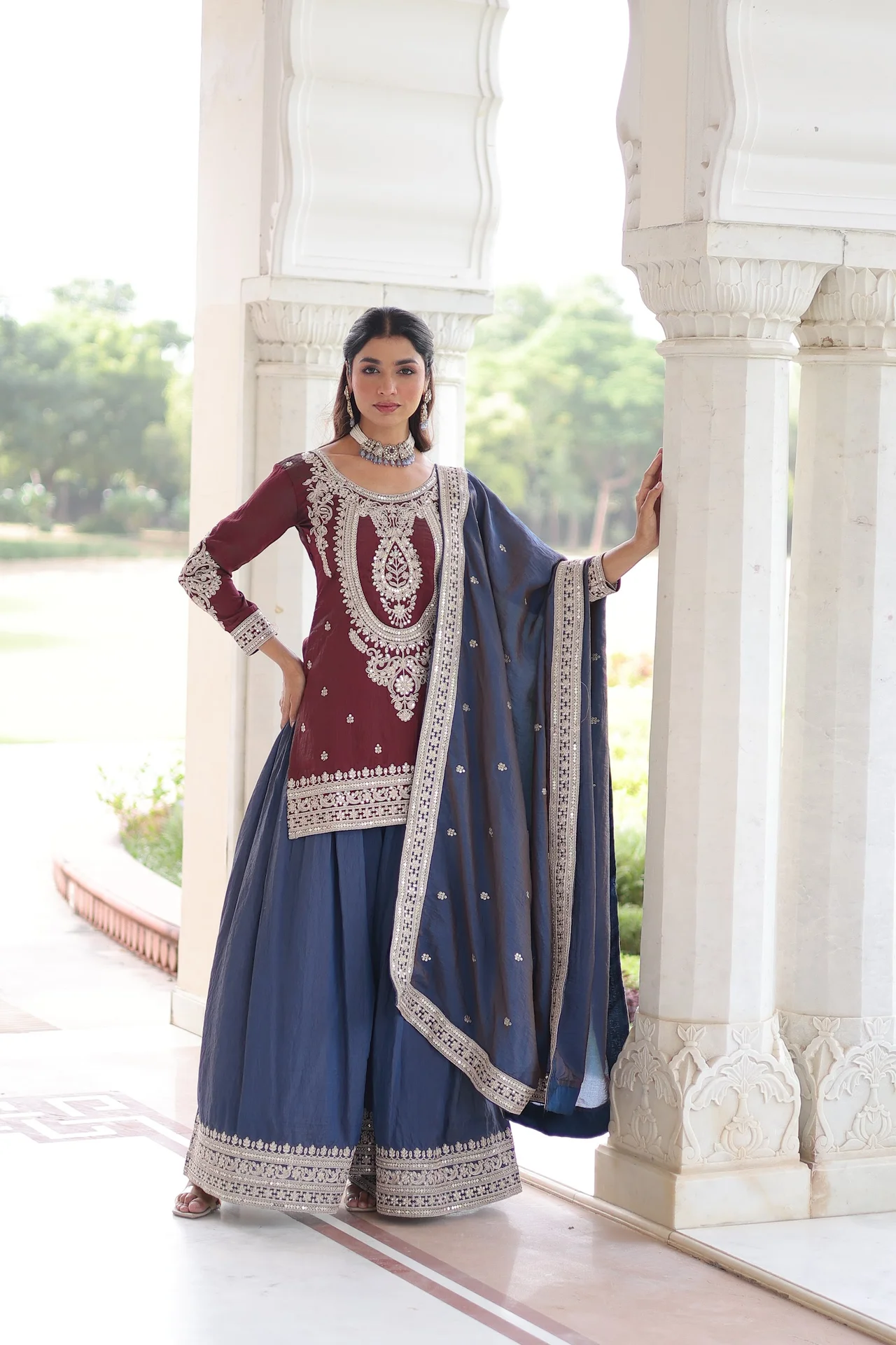 Women's NC Silk Kurta Set with Sharara and Dupatta in Maroon — photo 7 of 7