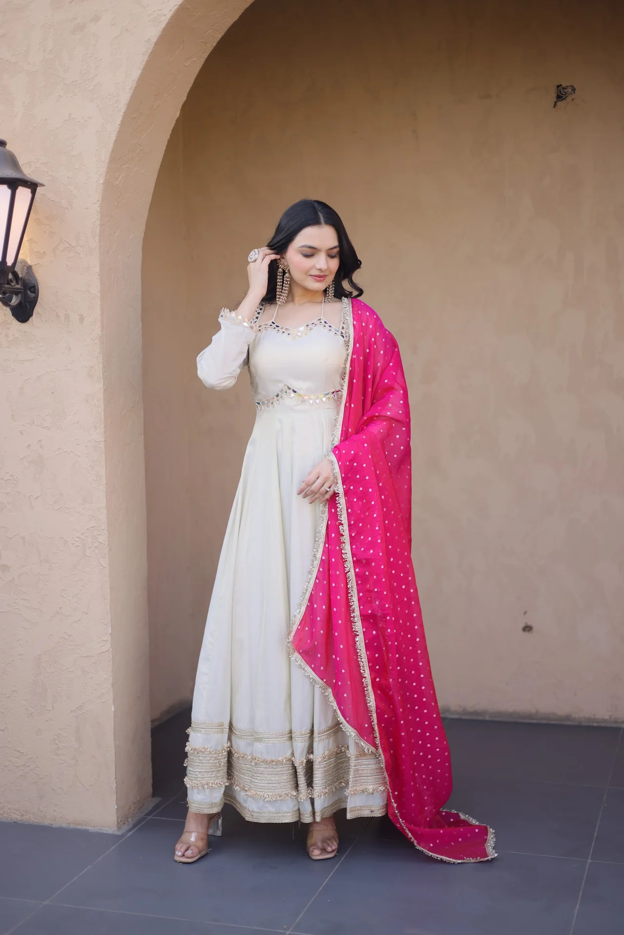 Women's Cosmos Anarkali Gown with Dupatta in Rani Pink — photo 2 of 8