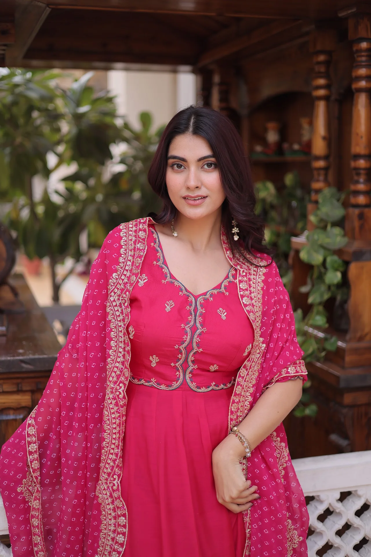 Women's Mul Chanderi Kurta Set with Pant and Dupatta in Rani Pink — photo 3 of 9