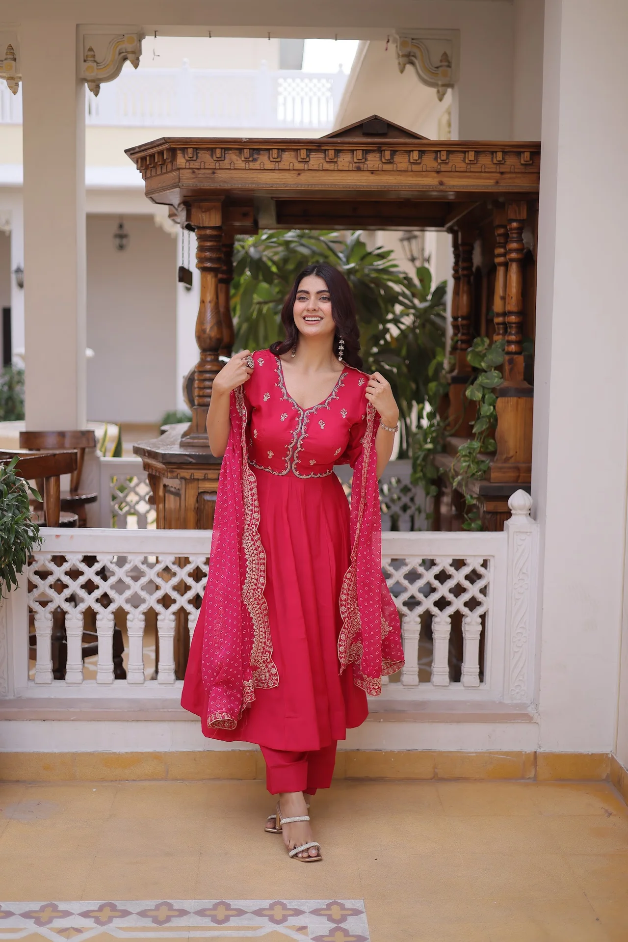 Women's Mul Chanderi Kurta Set with Pant and Dupatta in Rani Pink — photo 5 of 9