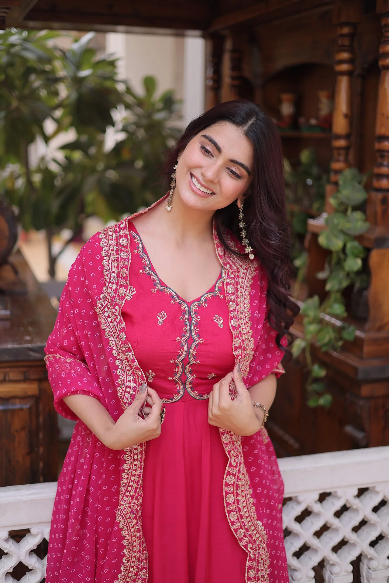 Women's Mul Chanderi Kurta Set with Pant and Dupatta in Rani Pink — photo 6 of 9