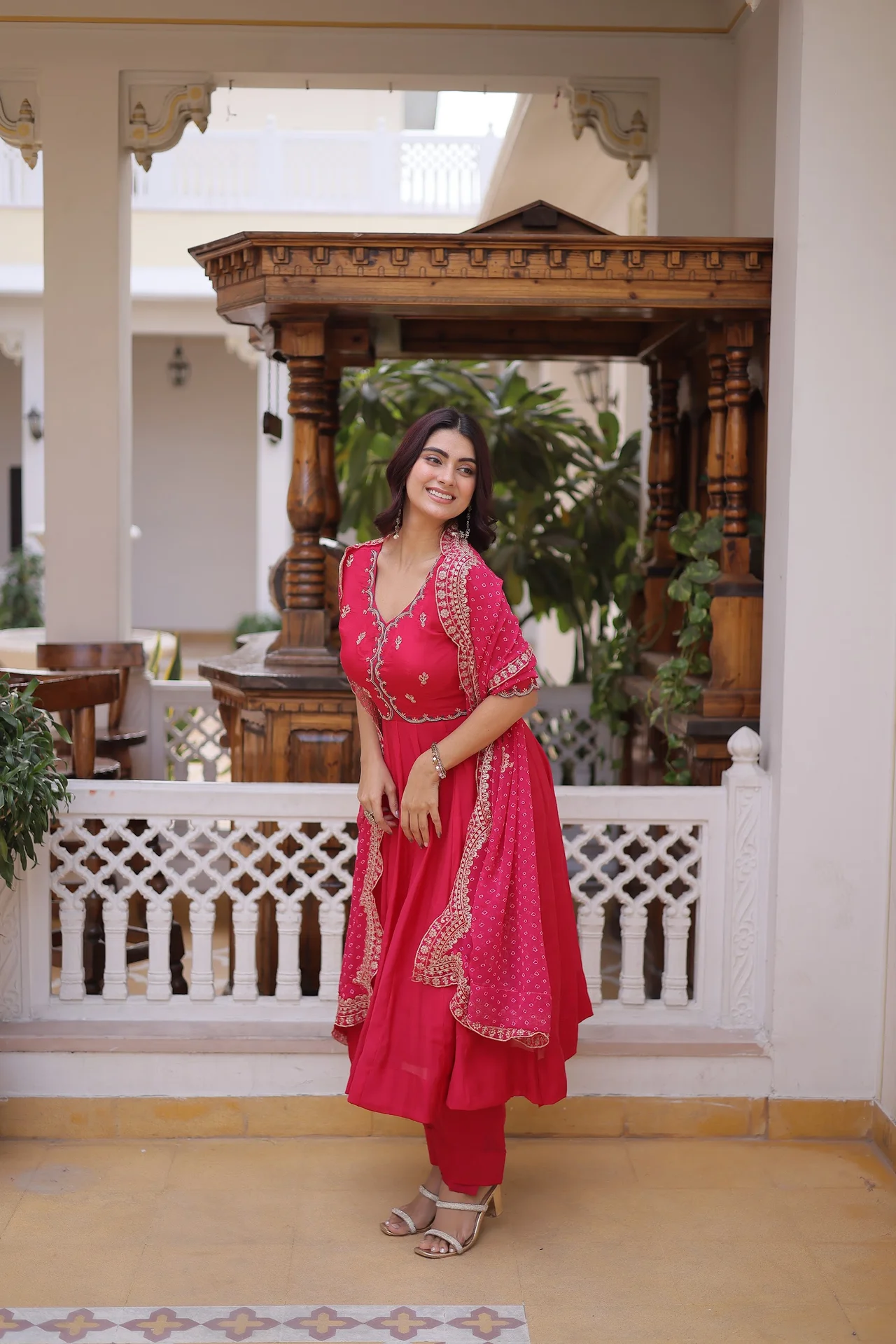 Women's Mul Chanderi Kurta Set with Pant and Dupatta in Rani Pink — photo 7 of 9