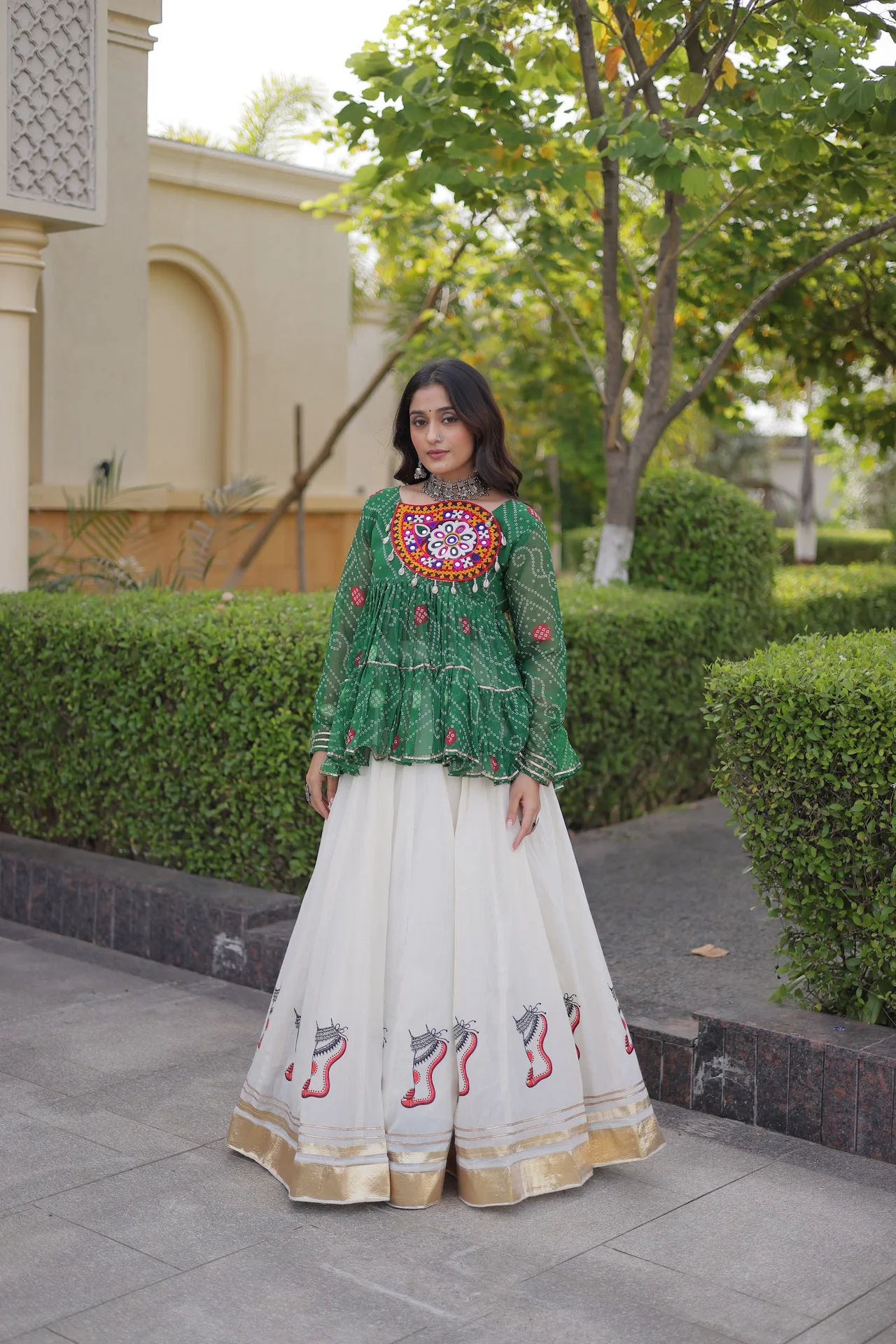 Women's Kora Cotton Lehenga Choli with Stitched Top in Bottle Green — photo 2 of 6