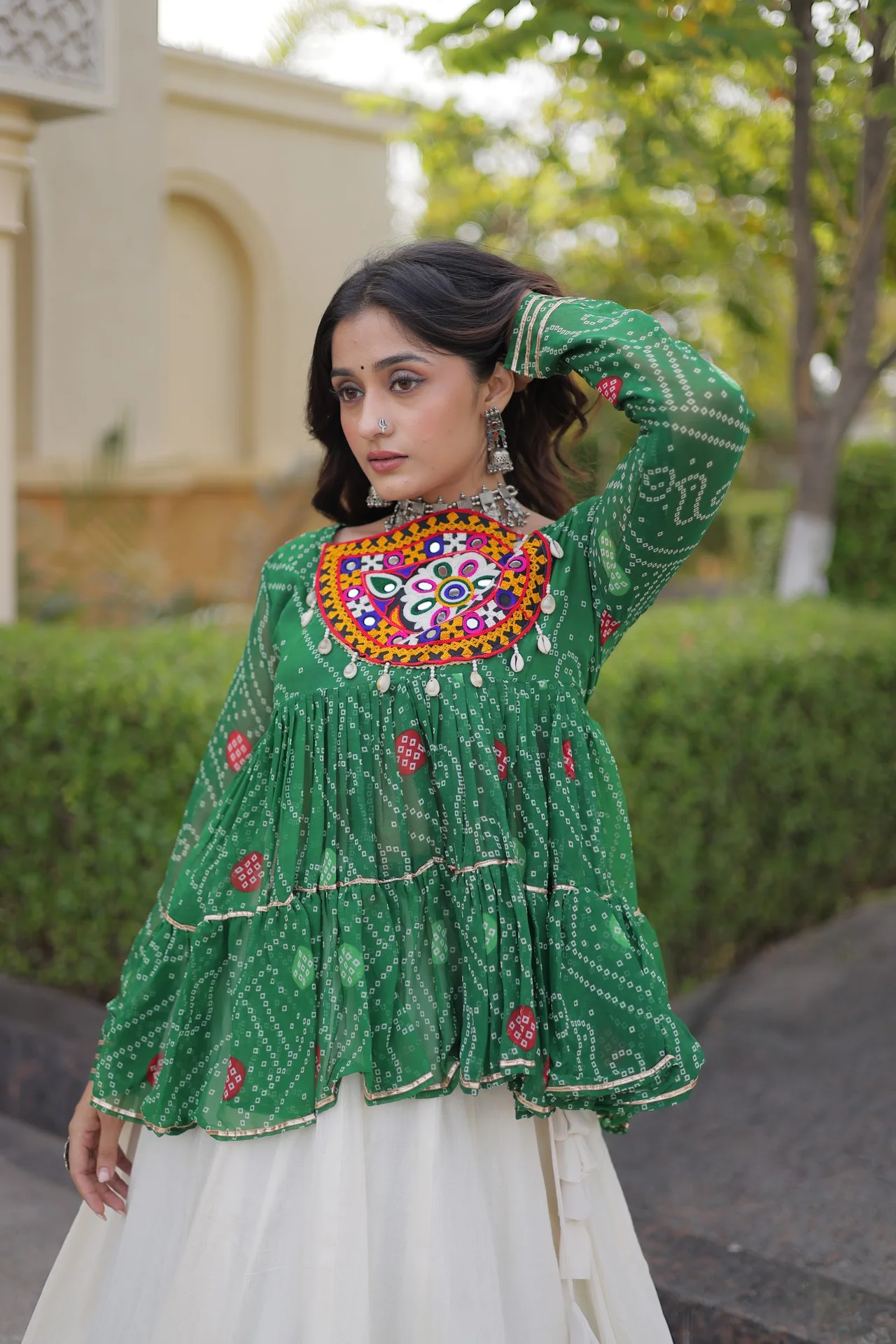 Women's Kora Cotton Lehenga Choli with Stitched Top in Bottle Green — photo 3 of 6