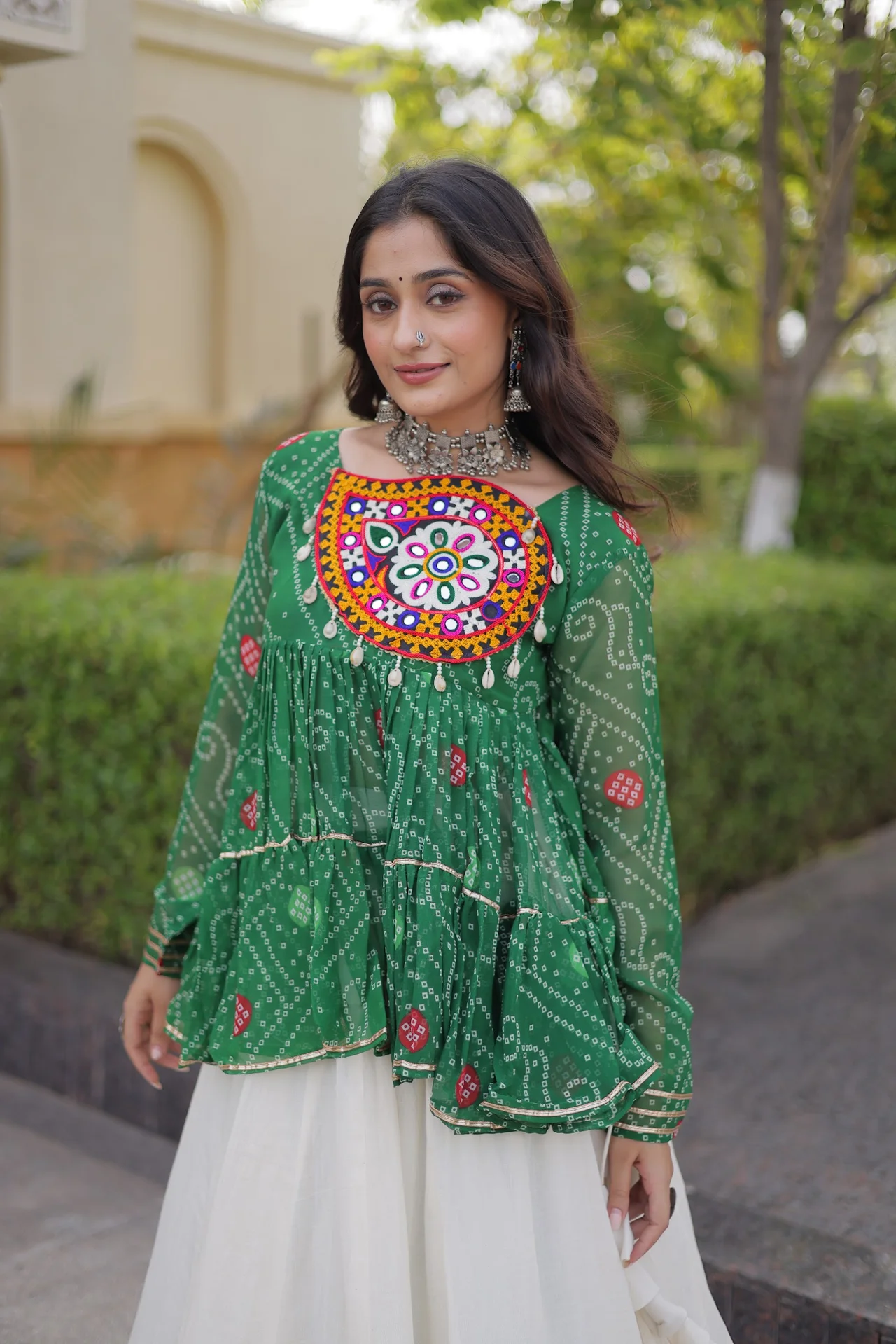 Women's Kora Cotton Lehenga Choli with Stitched Top in Bottle Green — photo 4 of 6