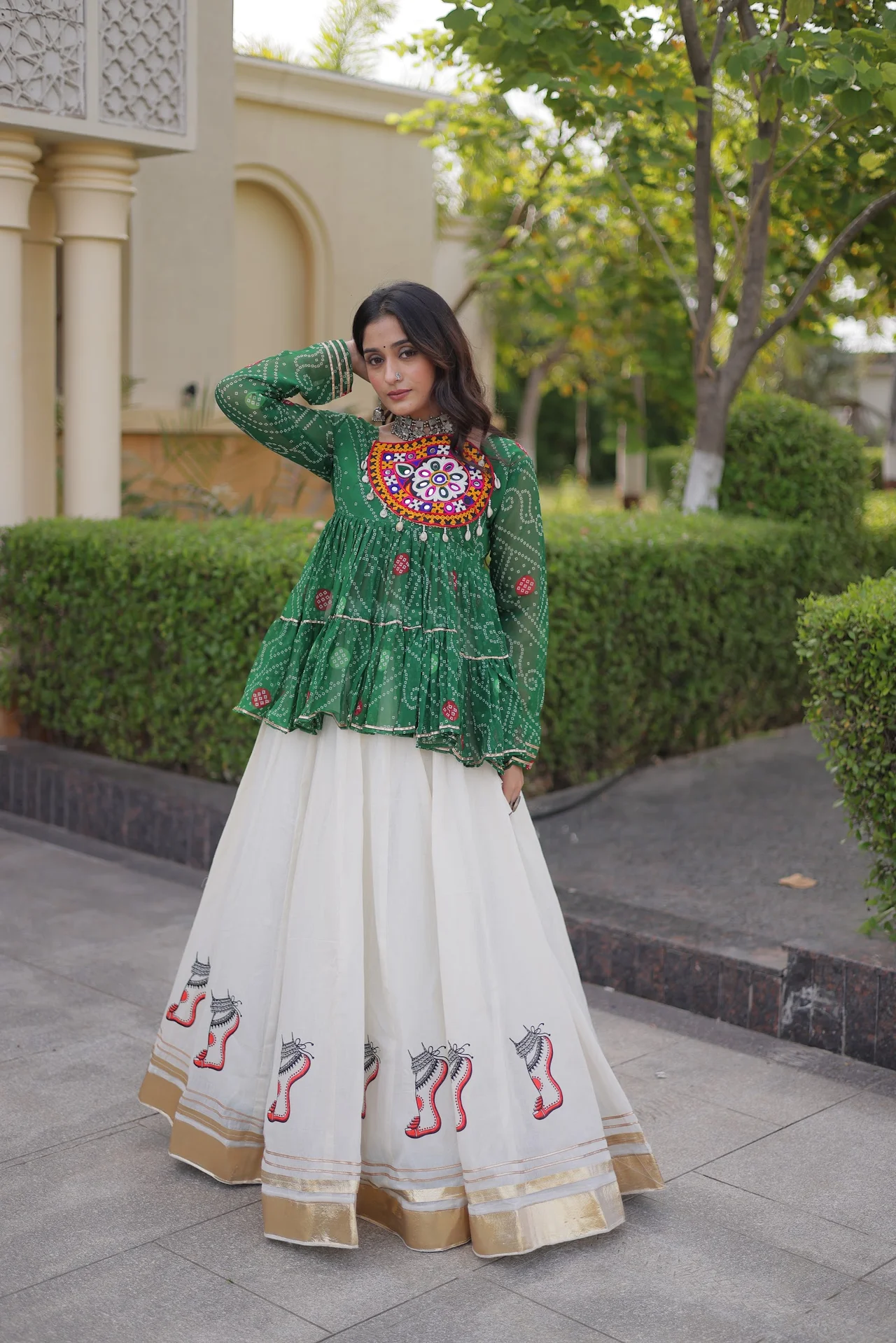 Women's Kora Cotton Lehenga Choli with Stitched Top in Bottle Green — photo 5 of 6