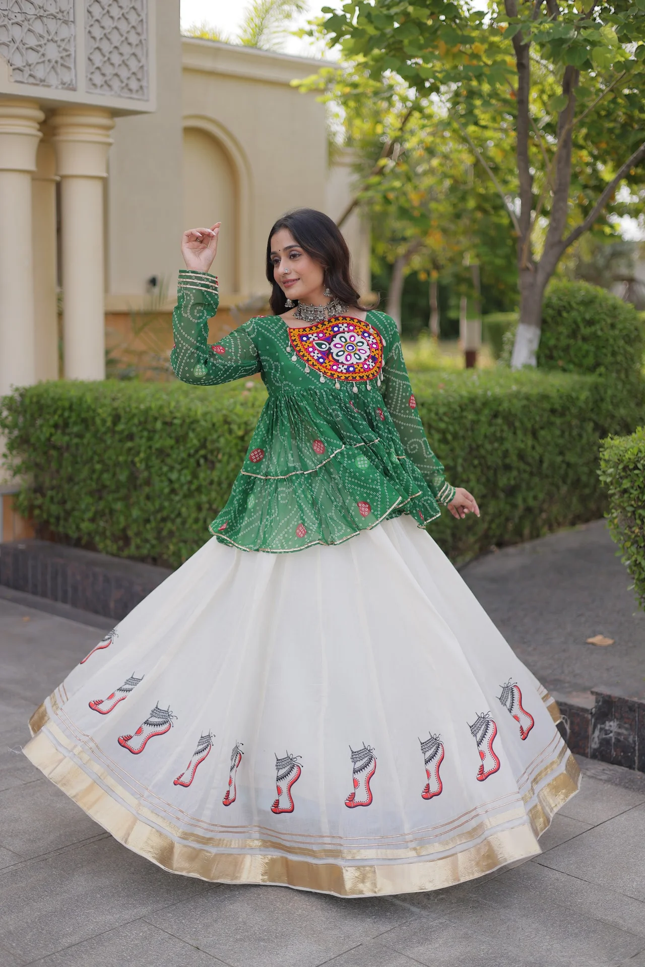Women's Kora Cotton Lehenga Choli with Stitched Top in Bottle Green — photo 6 of 6