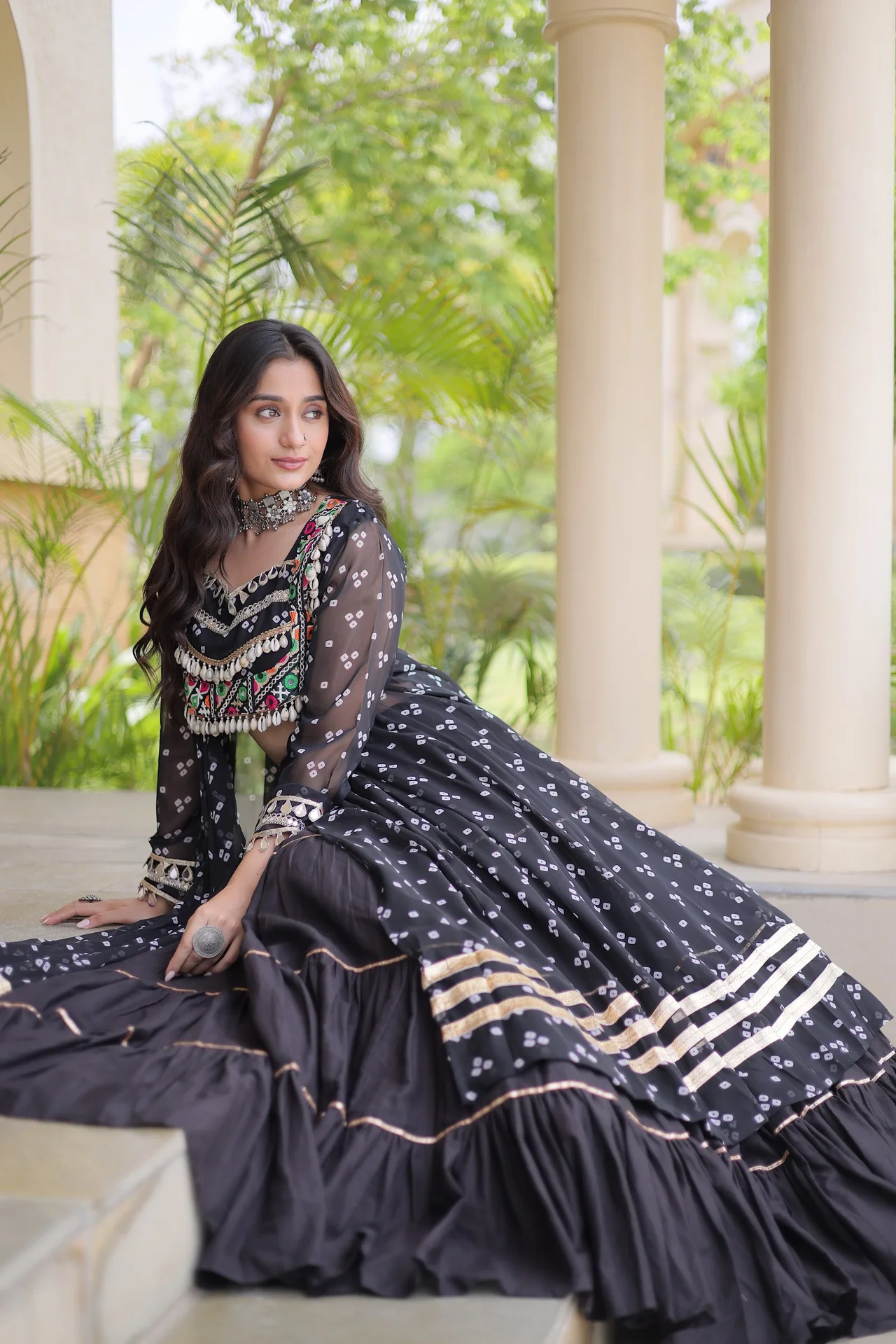 Women's Kora Cotton Lehenga Choli with Faux Georgette Kurti in Black — photo 2 of 8