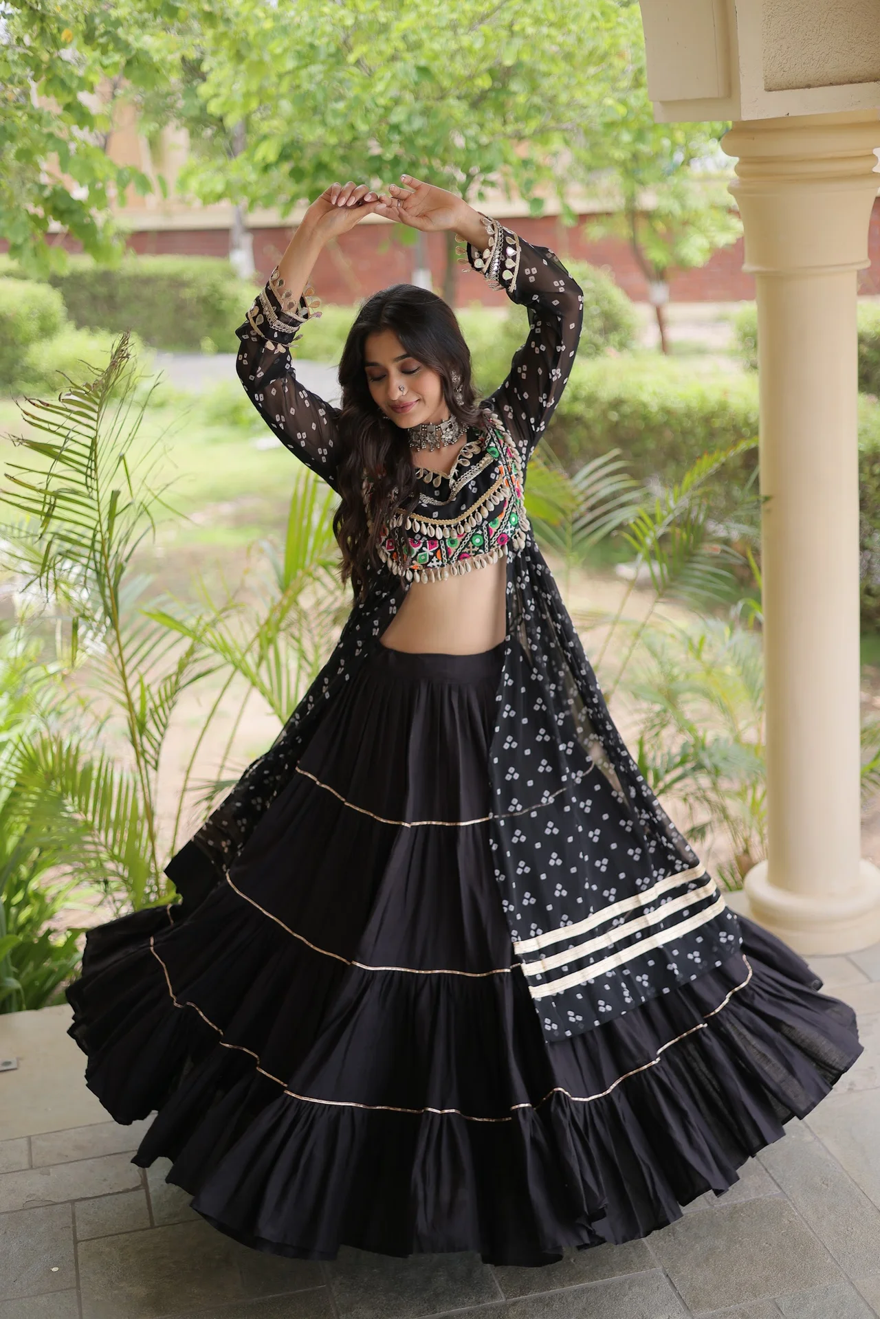 Women's Kora Cotton Lehenga Choli with Faux Georgette Kurti in Black — photo 4 of 8