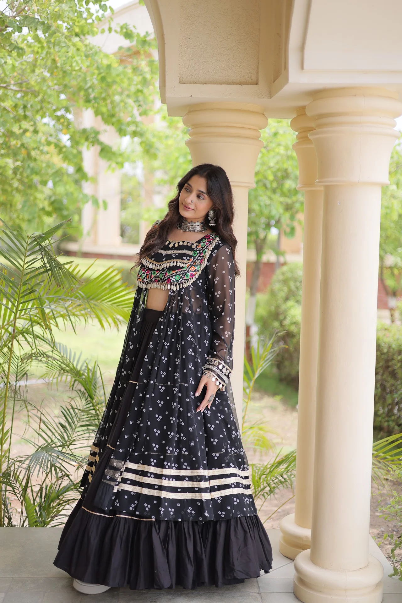 Women's Kora Cotton Lehenga Choli with Faux Georgette Kurti in Black — photo 5 of 8