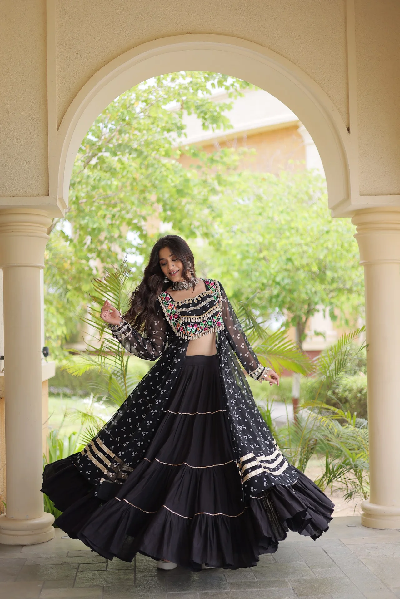 Women's Kora Cotton Lehenga Choli with Faux Georgette Kurti in Black — photo 6 of 8