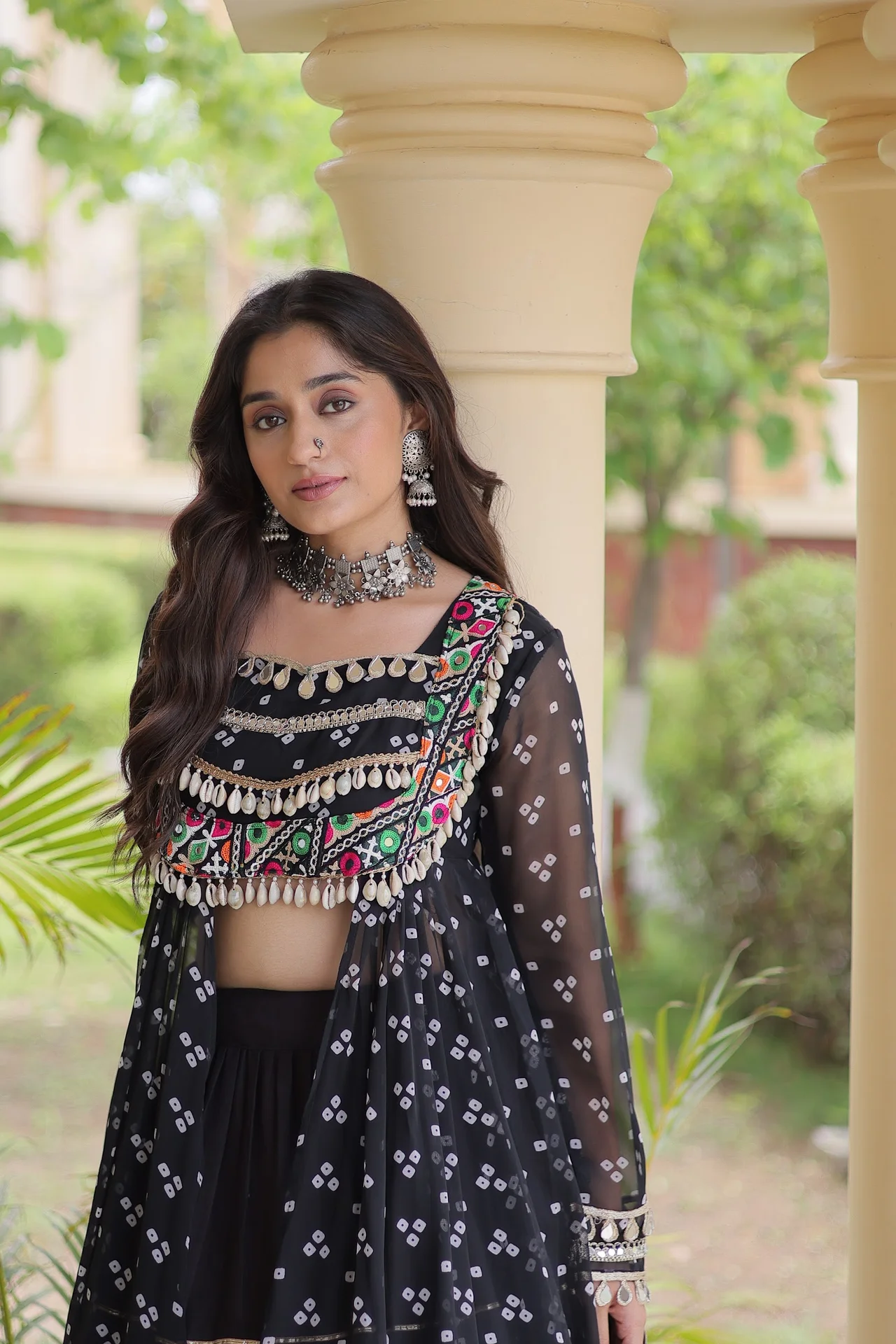 Women's Kora Cotton Lehenga Choli with Faux Georgette Kurti in Black — photo 7 of 8