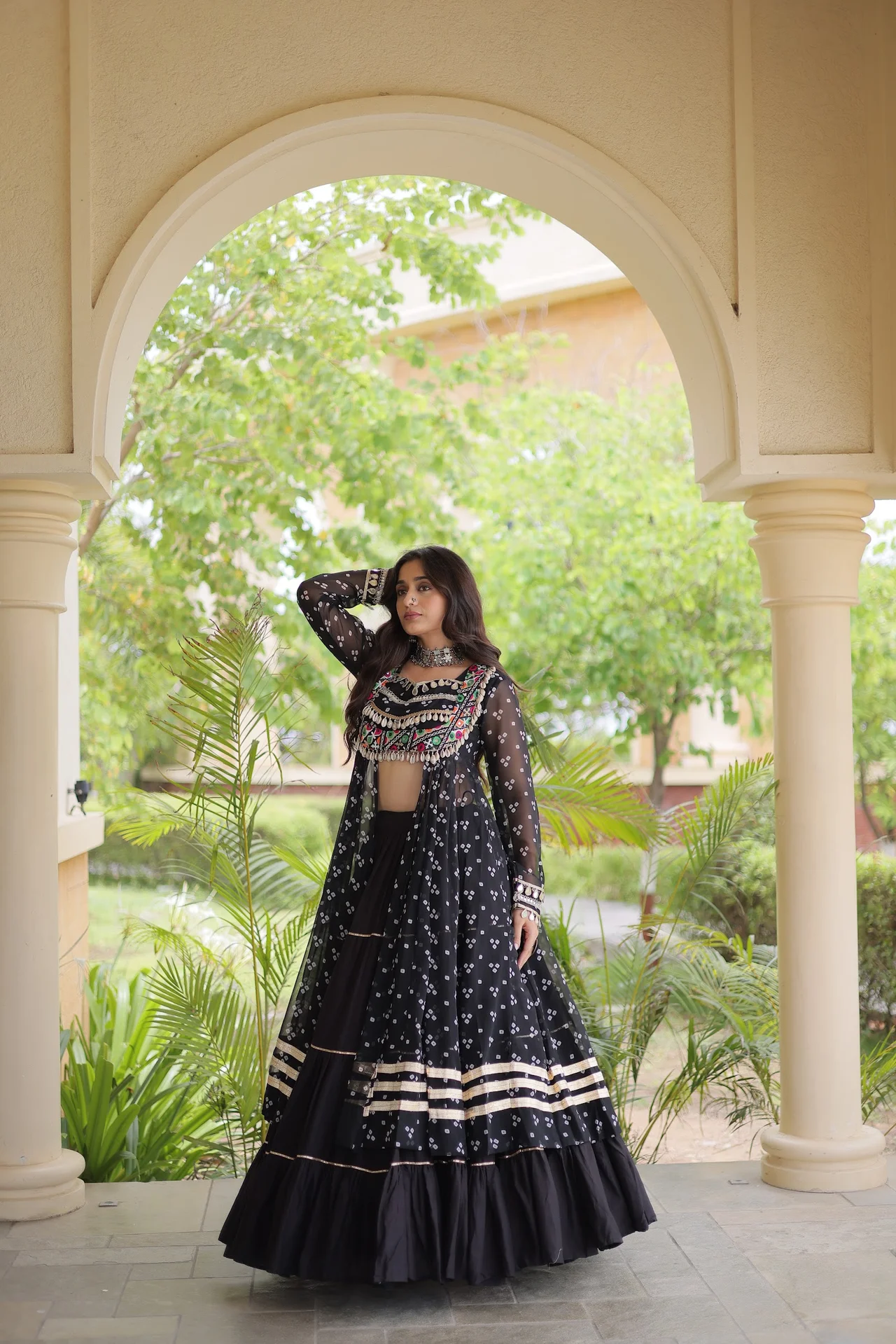 Women's Kora Cotton Lehenga Choli with Faux Georgette Kurti in Black — photo 8 of 8