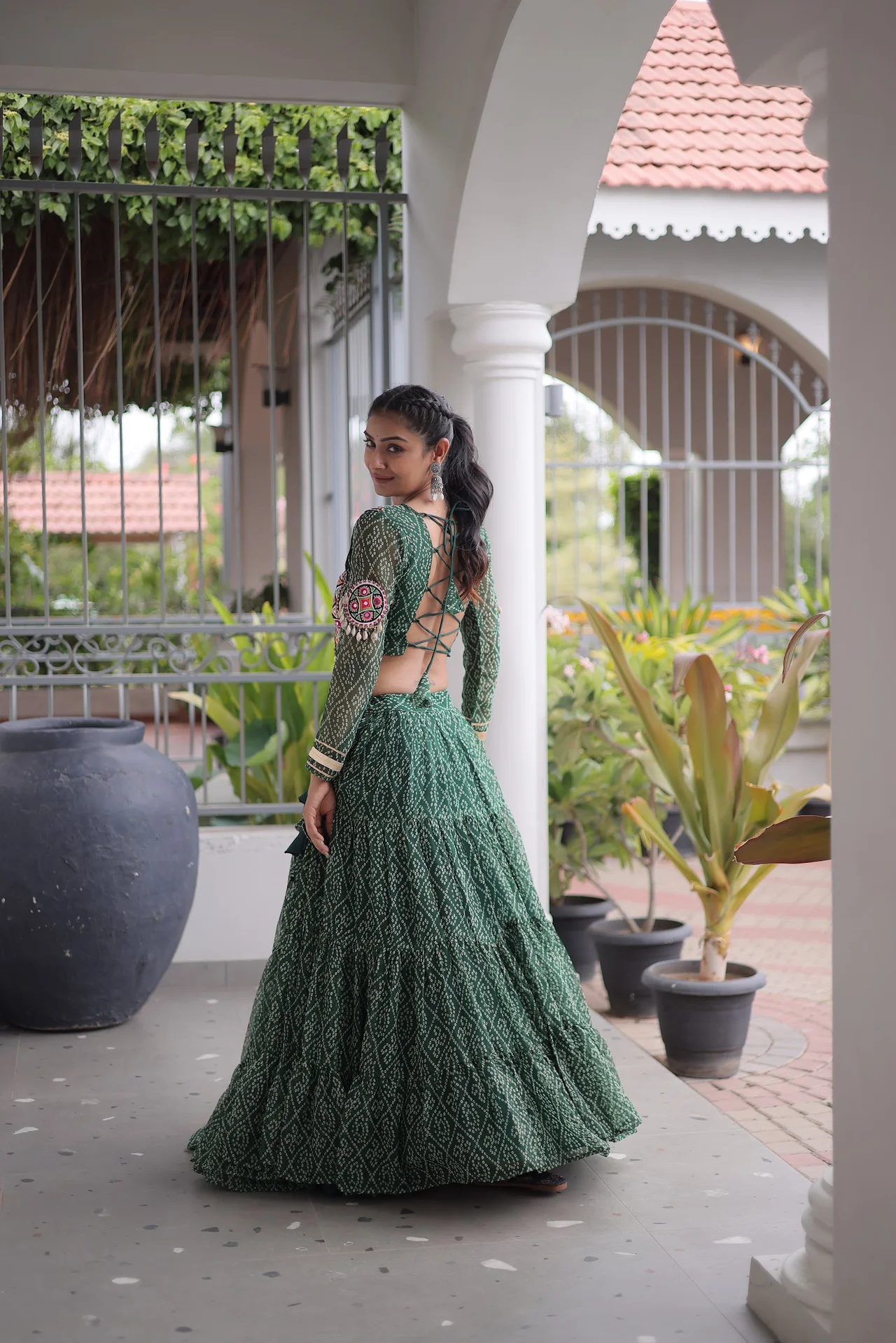 Women's Faux Georgette Lehenga Choli with Stitched Blouse in Bottle Green — photo 2 of 8