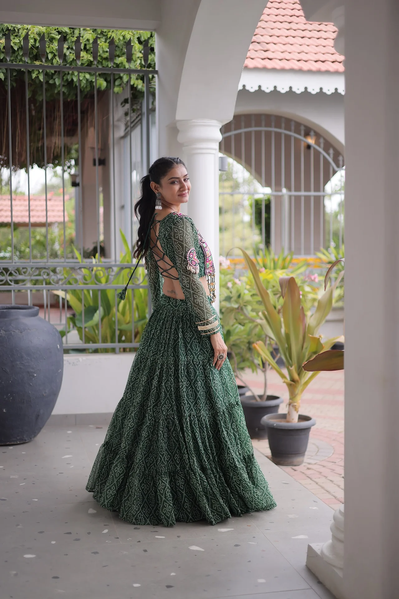 Women's Faux Georgette Lehenga Choli with Stitched Blouse in Bottle Green — photo 3 of 8